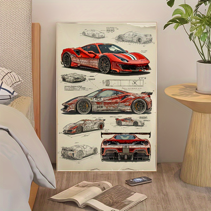 

Canvas Art Print | Vintage Patent Red Sports Car Illustration | Wall Decor Poster | 1 Piece 16x24 Inches