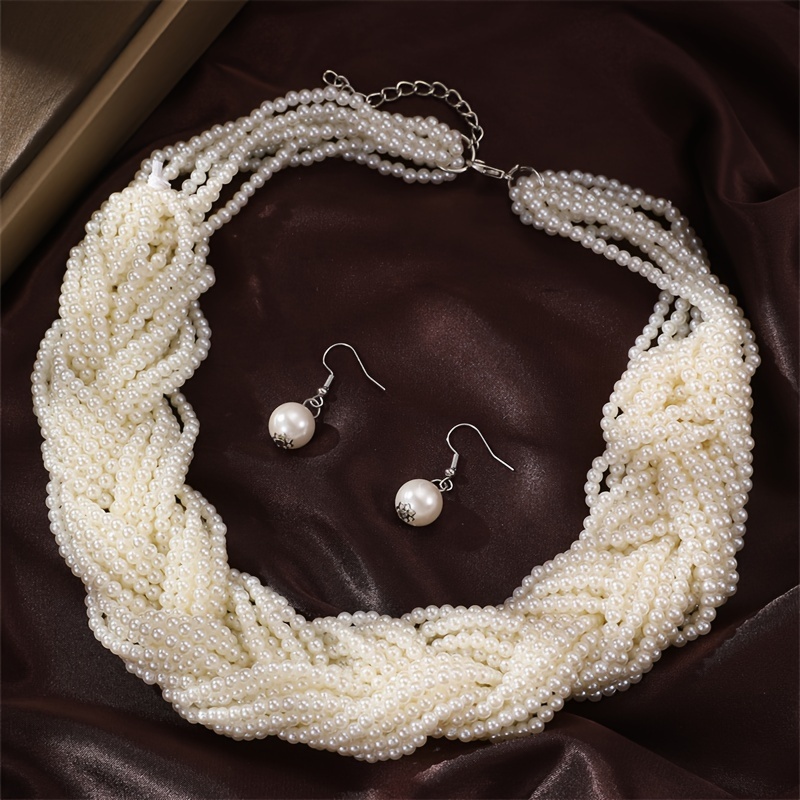 TEMU Set di gioielli da donna: 1 collana e 2 orecchini con perle finte intrecciate, collana elegante con perline, premium, come regalo per e moda