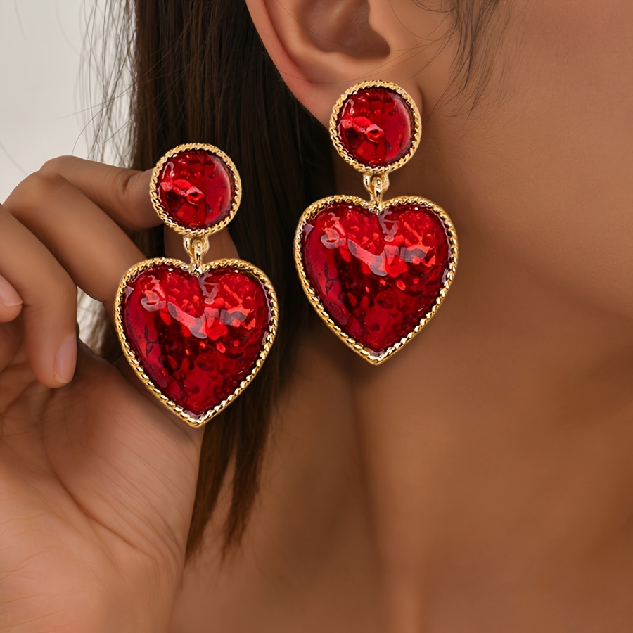 Image of Chic Red Heart Dangle Earrings For Women - Perfect Valentine's Day Gift, Alloy With Plastic Inlay, Ideal For Weddings & Parties