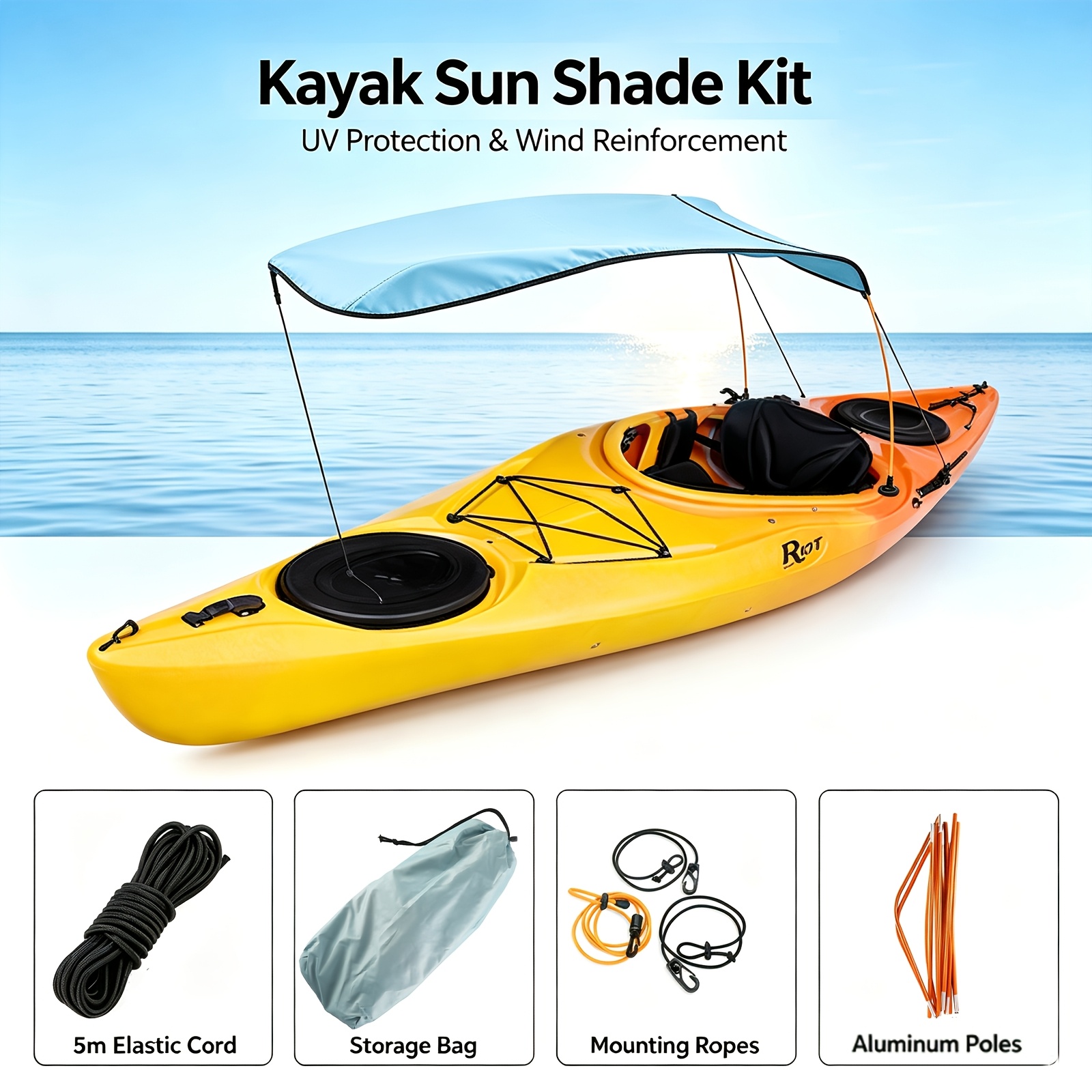 Single-Person Kayak Sun Shade with Storage Bag and Mounting Clips