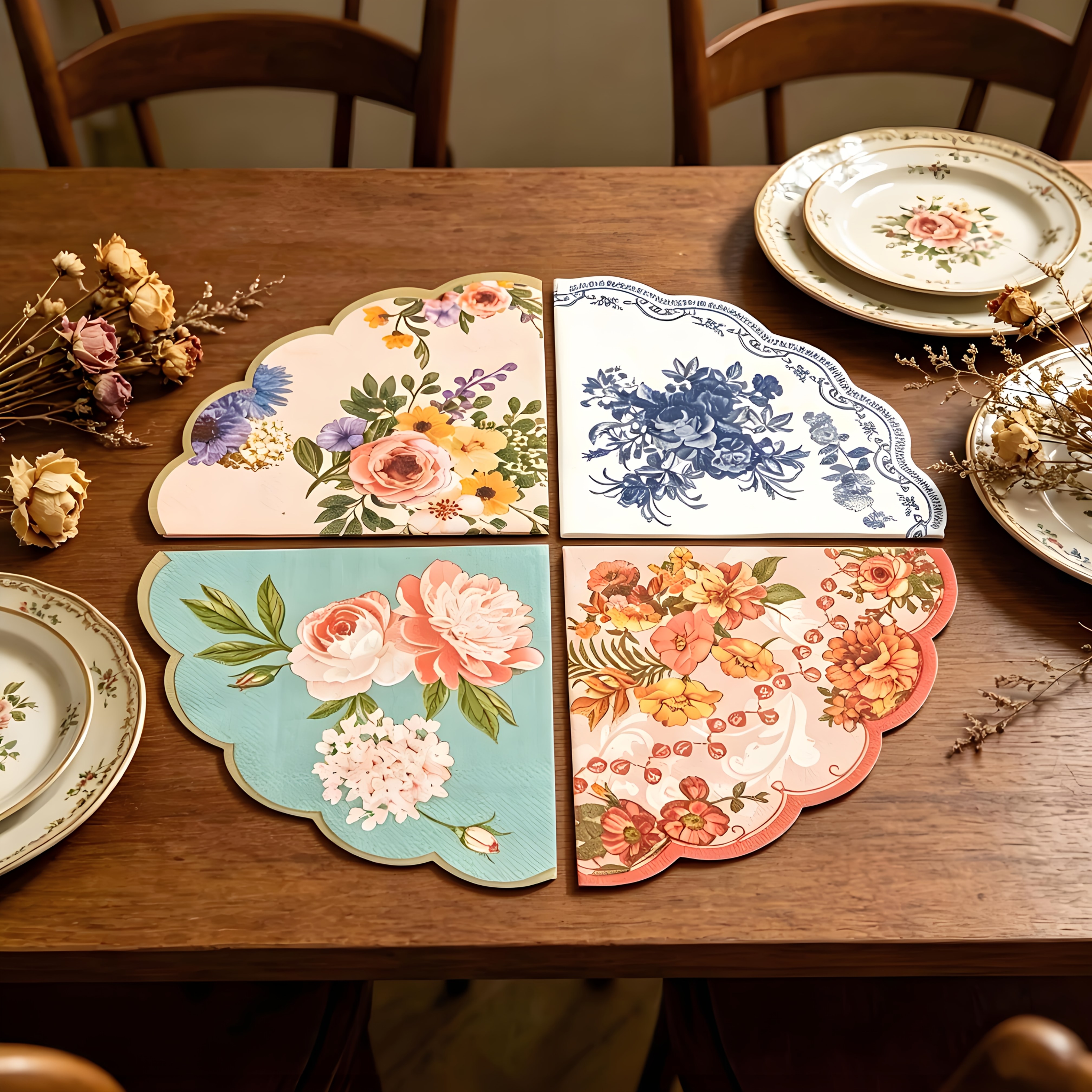 TEMU 20-pack Vintage Floral Disposable Two-ply Party Napkins, 4 Different Floral Colors, Exquisite Fan-shaped Design, Folded Size 4.92×4.92 Inches,