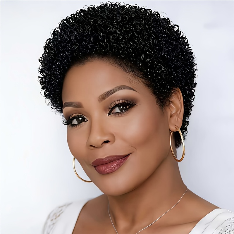 TEMU 4inch 180% Density Real Human Hair Wig Afro Curly Party Use Short Cut Brazilian Human Hair