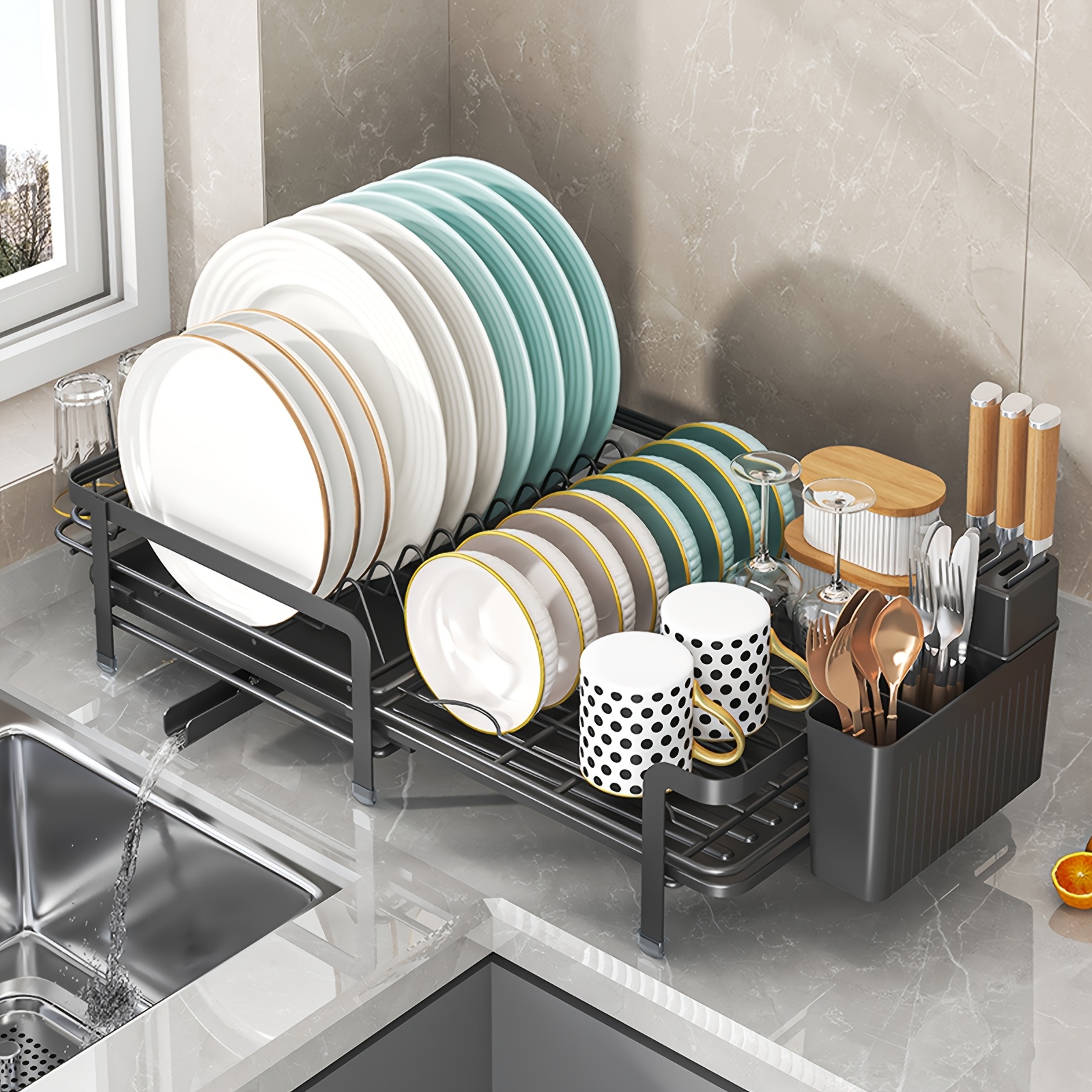 [1pc Adjustable Dish Drying Rack] 1pc Multifunctional Adjustable Metal and  Plastic Dish Drying Rack with Swivel Drain Pipe, Telescopic Kitchen Utensil