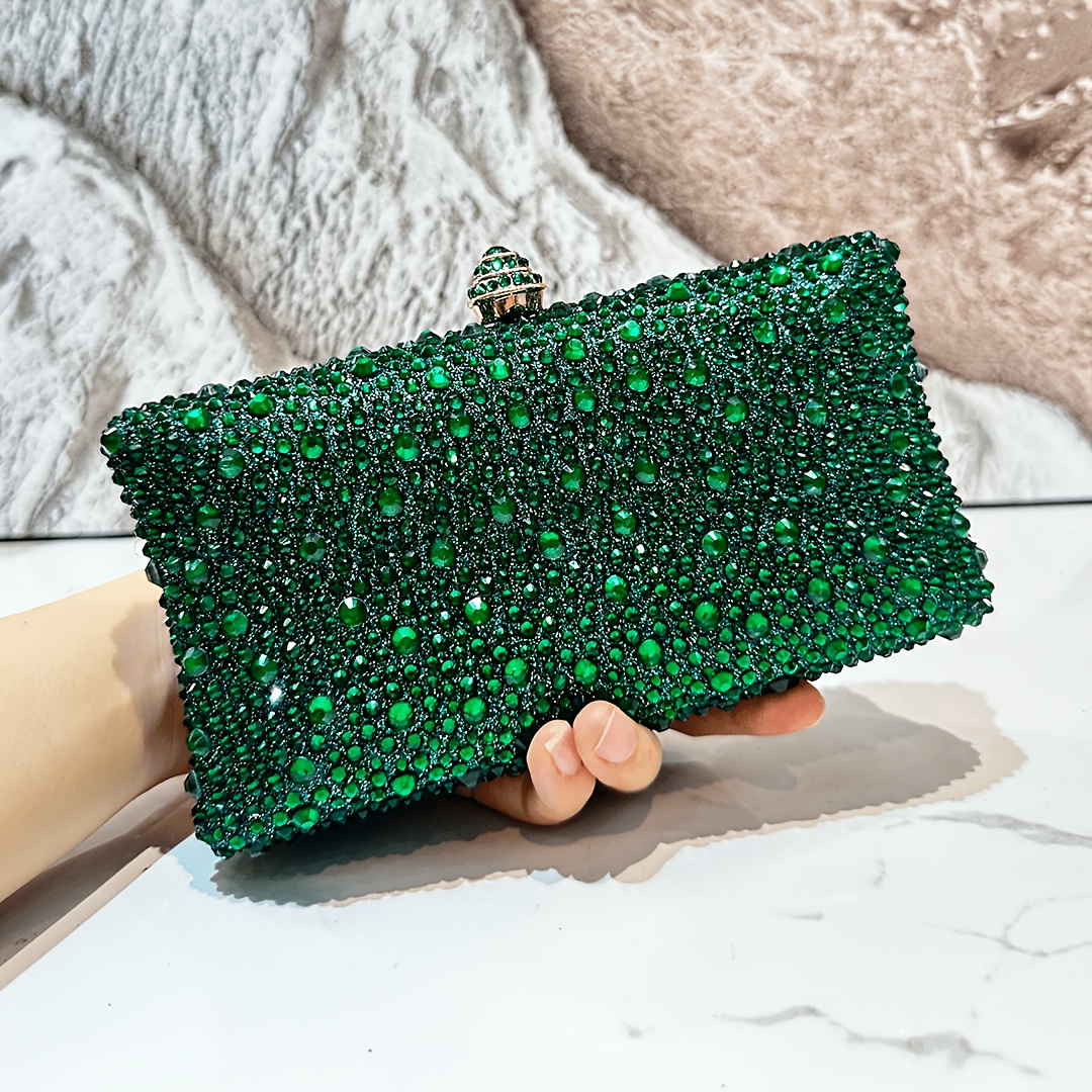 TEMU 1pc Bolso de de Lujo Verde con Rhinestones, Elegante Clutch de Noche para Fiestas, y Ocasiones Formales, Bolso para Fiestas, , Prom,