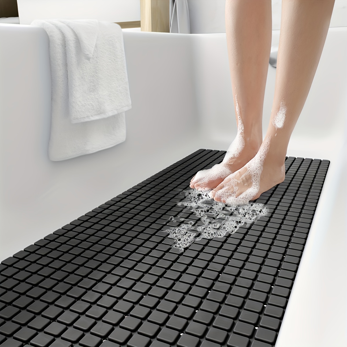 Image of Bathroom Anti-slip Massage Mat, Bathtub Mat With Drainage Holes, Bubble-raised Suction Cups, And Foot Pads. Extra-long Anti-slip Bathtub Mat With Suction Cups And Drainage Holes For Added Safety