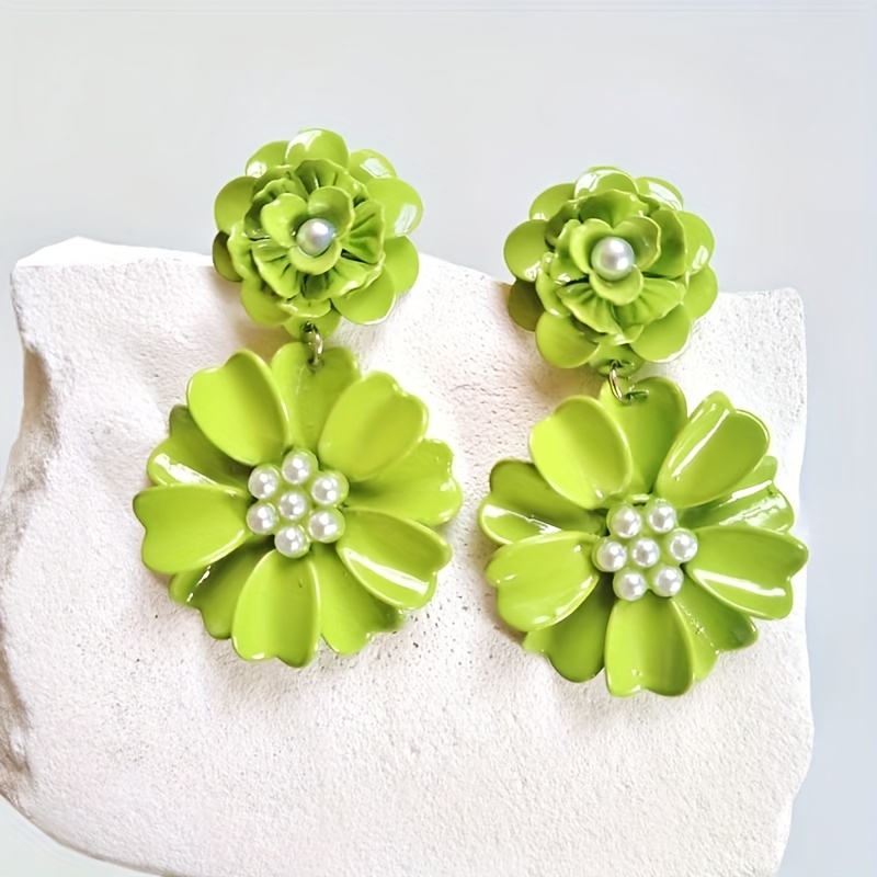 TEMU Elegant Vintage Floral Faux Pearl Drop Earrings For Women - Green Iron Flower Dangle Earrings With 304 Stainless Steel Posts, Ideal For Daily