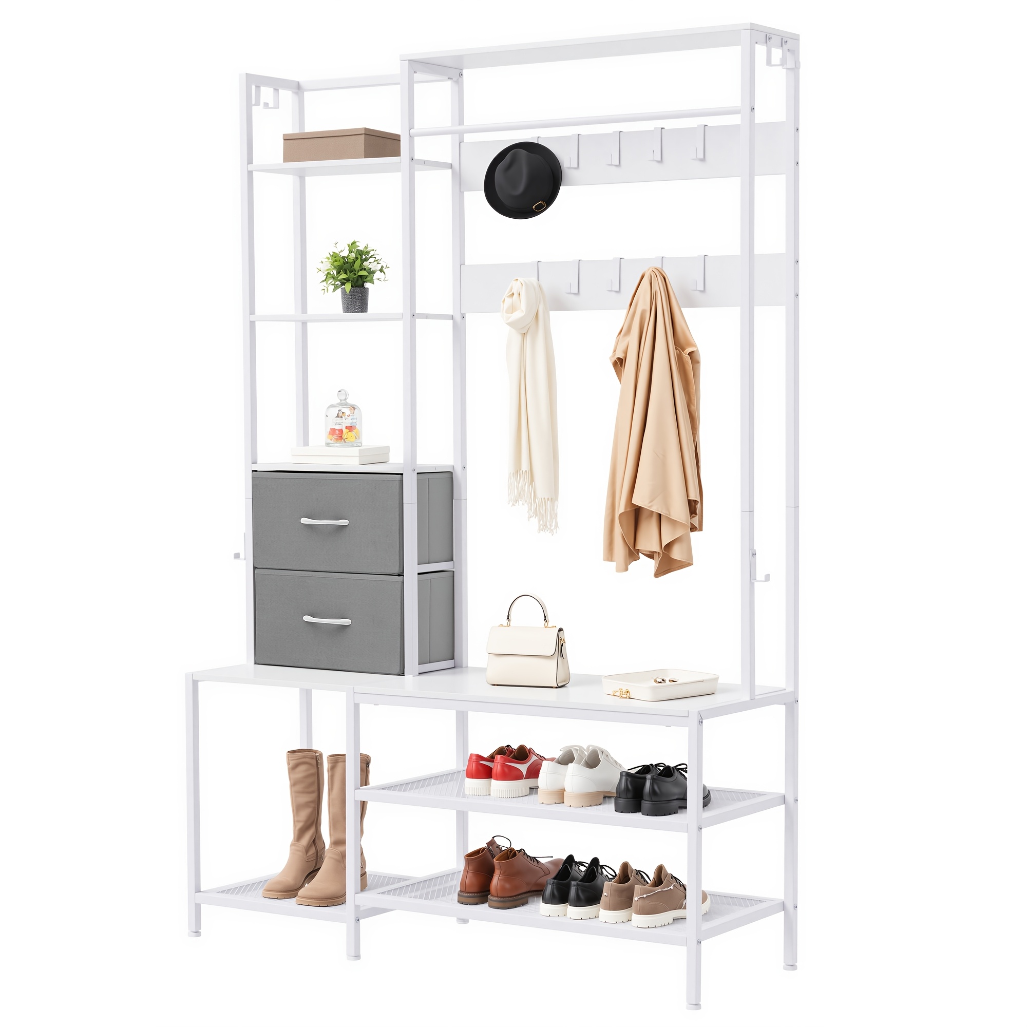 9 Hooks Coat Rack With 2 Drawers And Shoe Bench, Freestanding Entryway Cabinet With Shoe Rack Storage Shelf, 120x180x40cm, Stable Large Capacity