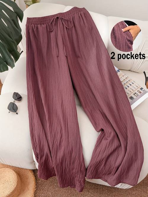 womens plus size soft textured wide leg pants with drawstring waist 2 pockets lightweight flowing design elegant for casual versatile clothing elegant drape stretchy fabric