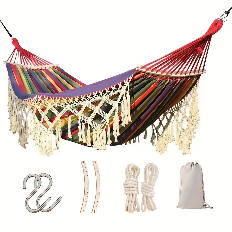 TEMU A Hand- Rope Portable Swing Hammock Thickened And Widened Double Canvas Hammock Tassel Courtyard Outdoor Camping Hammock, Outdoor Autumn Essential Beach Hammock Chair, Father's Day Gift