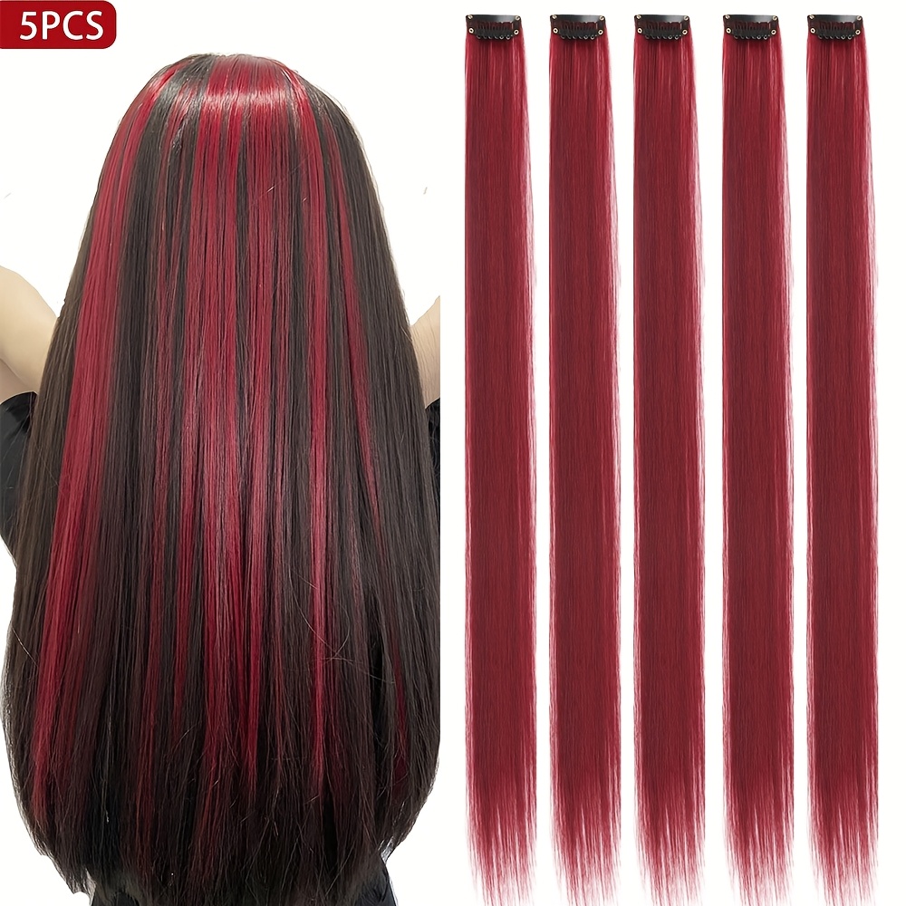 Image of 5pcs Pack / 10pcs Wine Red Hair Clips, Elegant Deep Burgundy Synthetic Hair Extensions – 20-inch Long Straight Hairpins For Halloween Cosplay, Fashion Parties & Christmas New Year Gifts For Women
