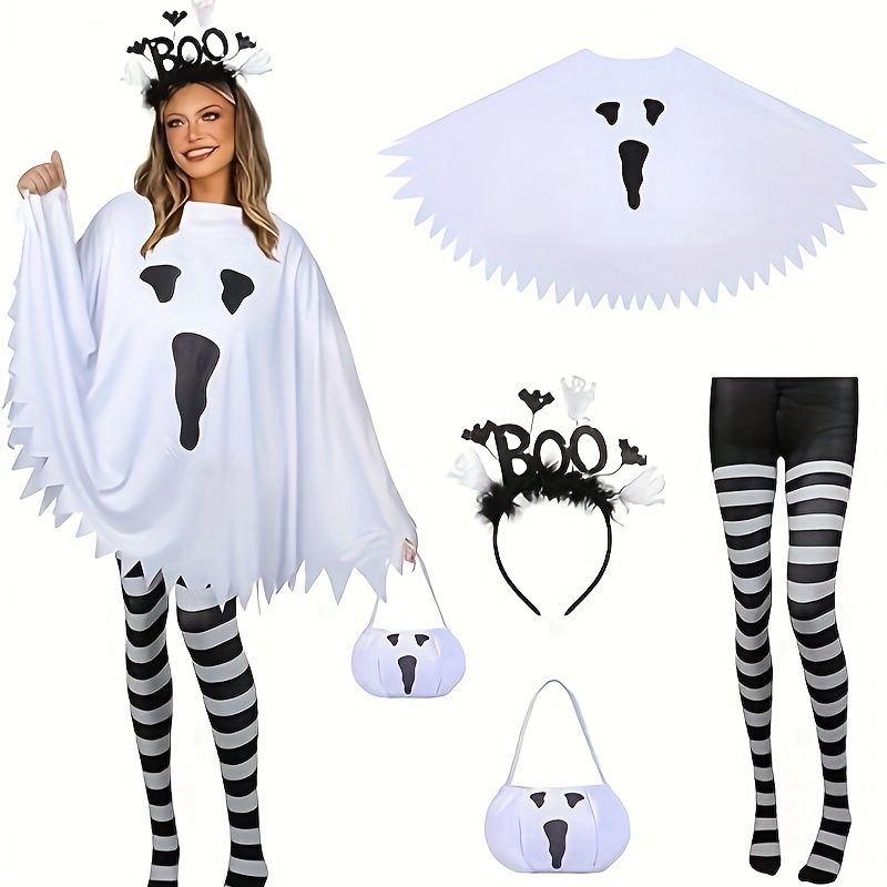 4pcs Halloween Costume Set For Women Adult Costumes, Costume Cape, Candy Bags, Headband And Nylon Striped Leggings For Halloween Cosplay Parties