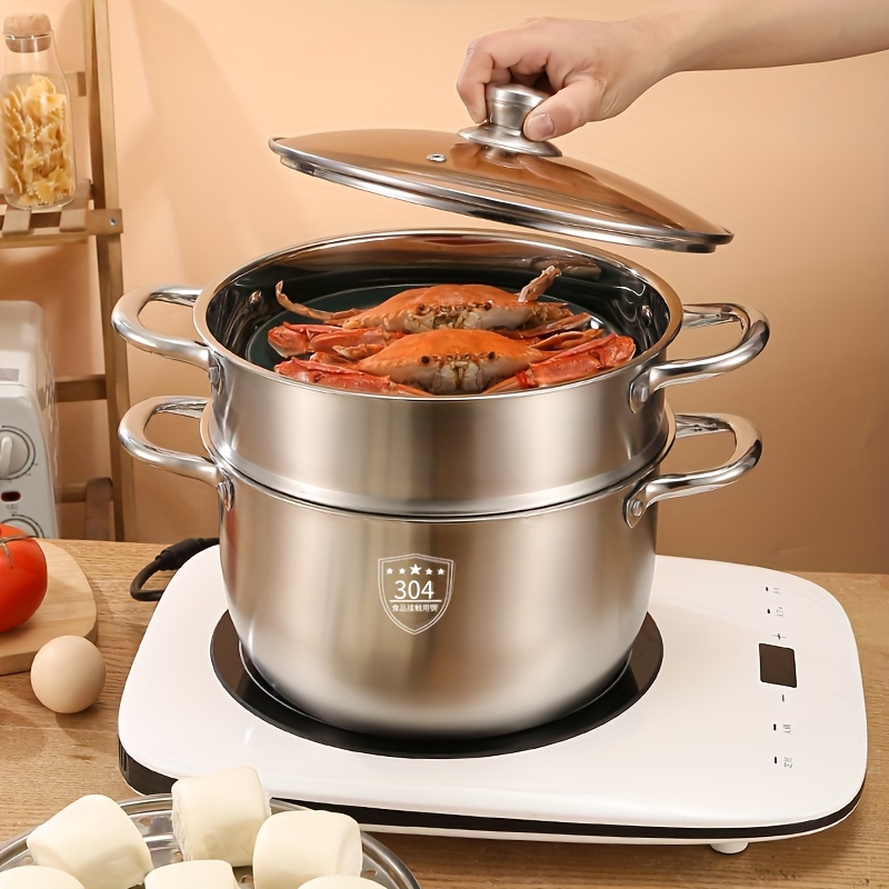 

1pc Premium 304 Stainless Steel Steamer With Lid - , Design For Cooking, Compatible With Electric & Gas - Ideal For Seafood & More, Kitchen Essential