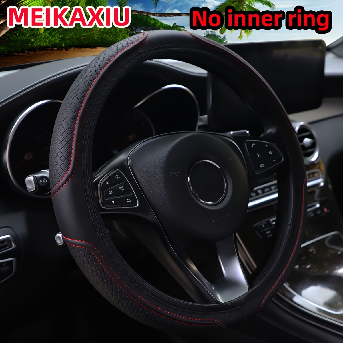 

1pc Pu Leather Steering Wheel Cover, No , Non-slip Grip, Comfortable Dynamic Design, Fits -15 Inch Wheels, Black With Red Stitching, Textured Surface For Control