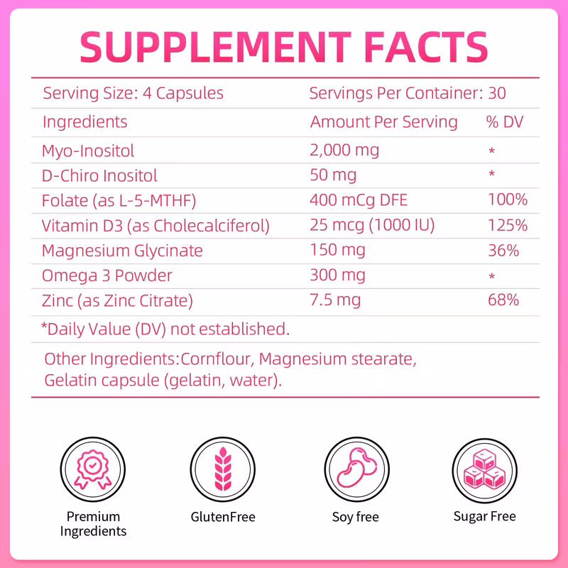 myo inositol and d inositol supplement for women health regular menstruation mood health and pre pregnancy 7in 1 120 capsules per bottle Product details 1