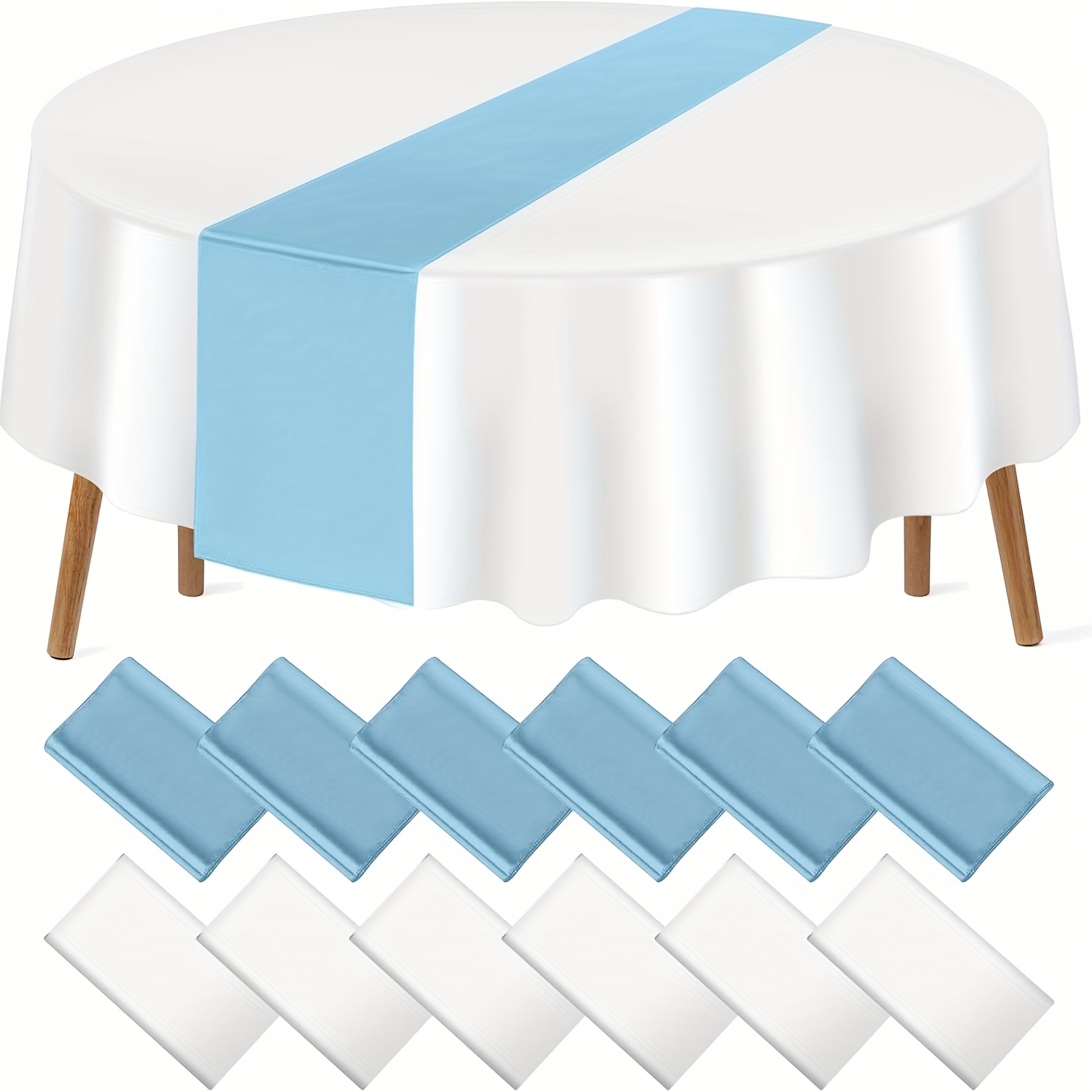 TEMU Set Of 10 Table Runners Measuring 12x108 Inches And 84-inch Round Plastic Table Covers In Blue, Perfect For Disposable Use At Celebrations Year,