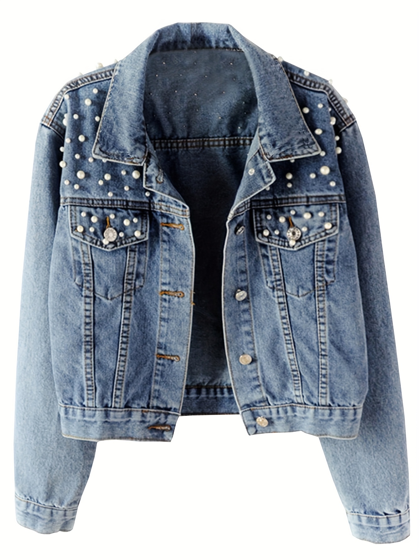 vintage denim jacket women pearl beading button long sleeve Temu