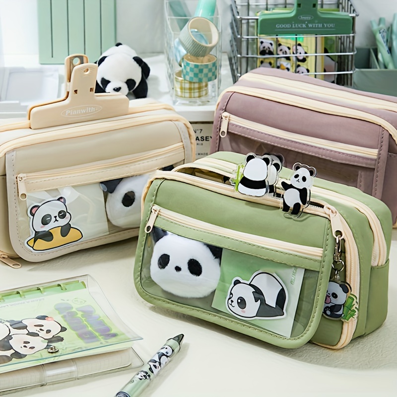 

Large Capacity 11pcs Canvas Pencil Case With Panda Design, Including Pen, Clip, Sticker, And Figurine Diy Pencil Case Suitable For Graduation And Gifts