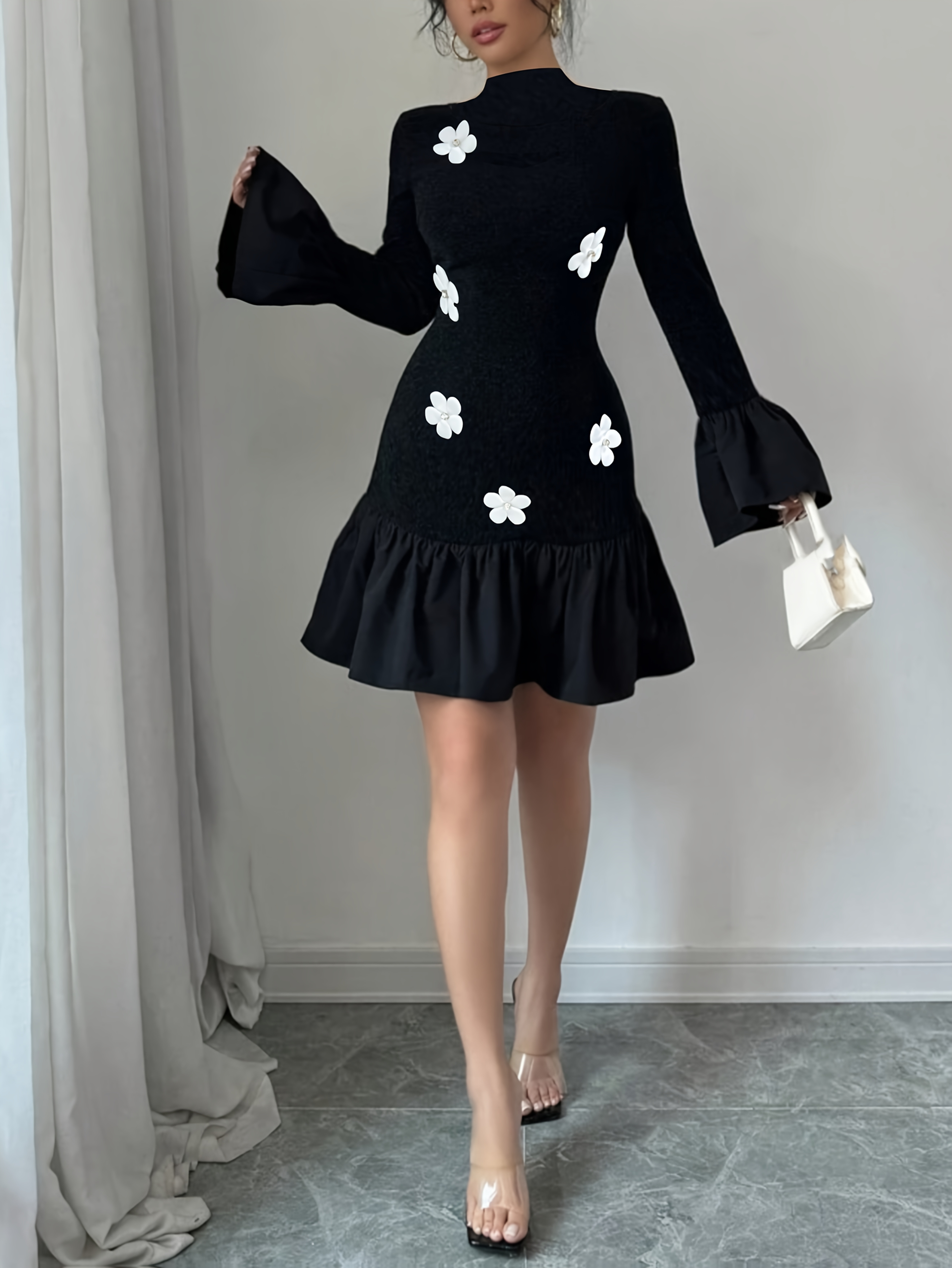 womens black high neck fit dress white floral appliqu Temu