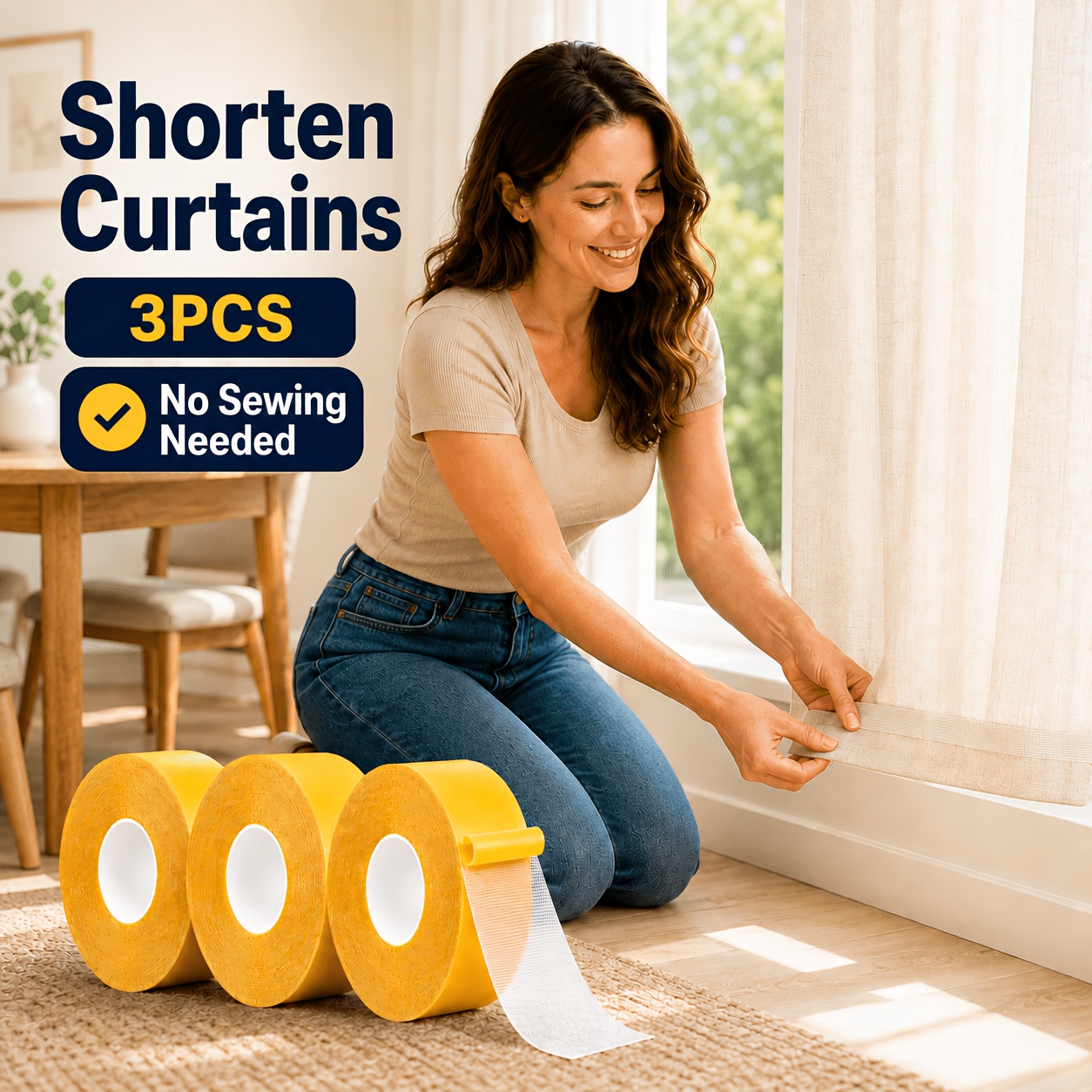 TEMU 3pcs No-sew Curtain Hem Shortening Tape & Quick Hemming Adhesive Suitable For Pants, Curtains, Sleeves - Double-sided Fabric Tape With Material,
