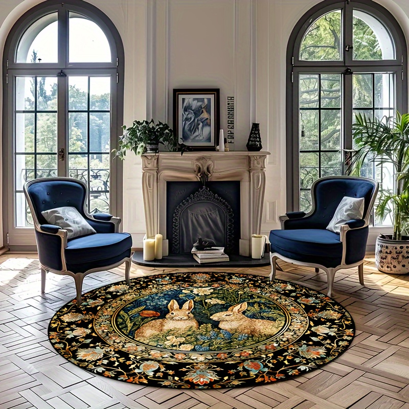 

Round Polyester Area Rug With Non-slip Backing, Machine Washable, Decorative Floral Pattern With Rabbits, Ideal For Bedroom, Living Room, Hallway, Porch - 23x23/31x31/47x47/63x63 Inches