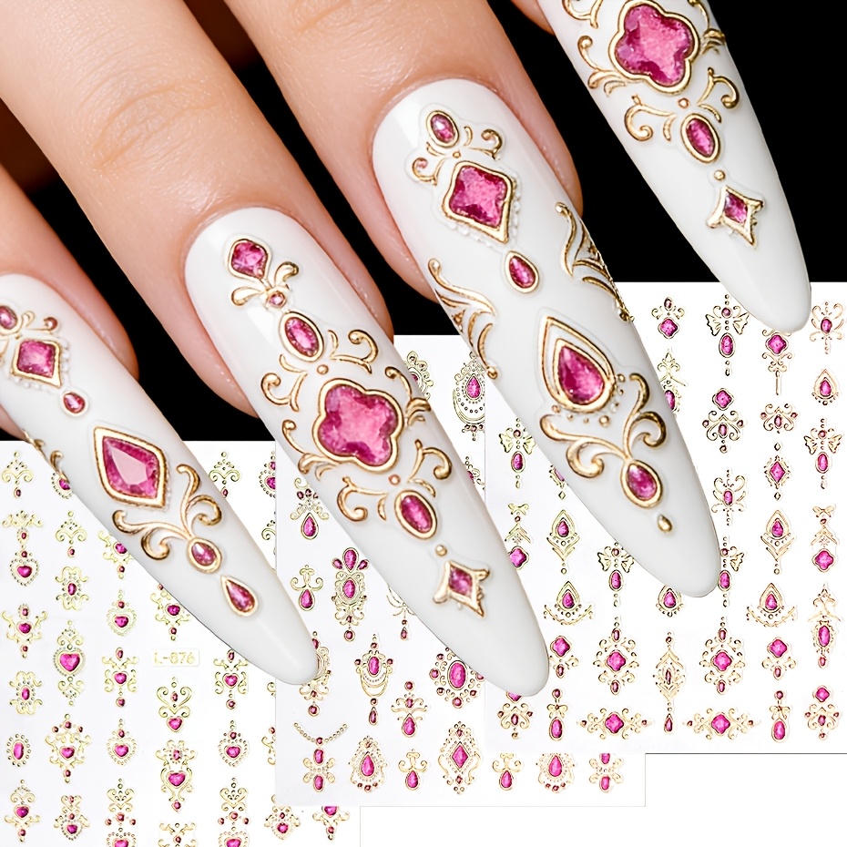 3pcs Purple Nail Stickers Colorful Gold-embossed Gemstones Design Slider Charm Decals Gift For Women Manicure Decoration Art Nail Supplies