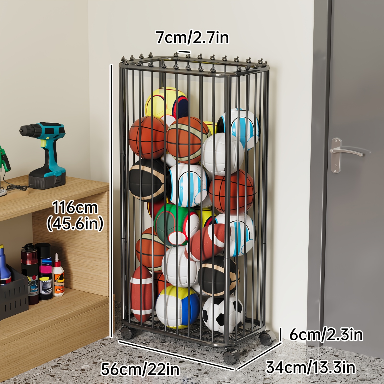 TEMU Basketball Football Tennis Racket Storage Basket With Wheels Moveable Large Capacity Sports Equipment Organizer Yoga