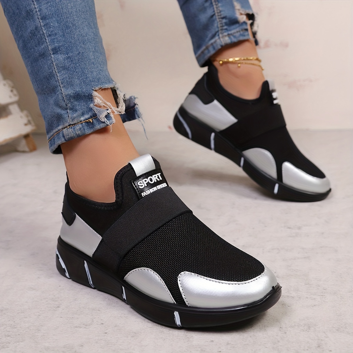 womens slip on sneakers lightweight knit upper pointed toe design arch support breathable comfortable casual lace up suitable for outdoor   party wear   upper ideal gift for women black golden silvery Product details 4