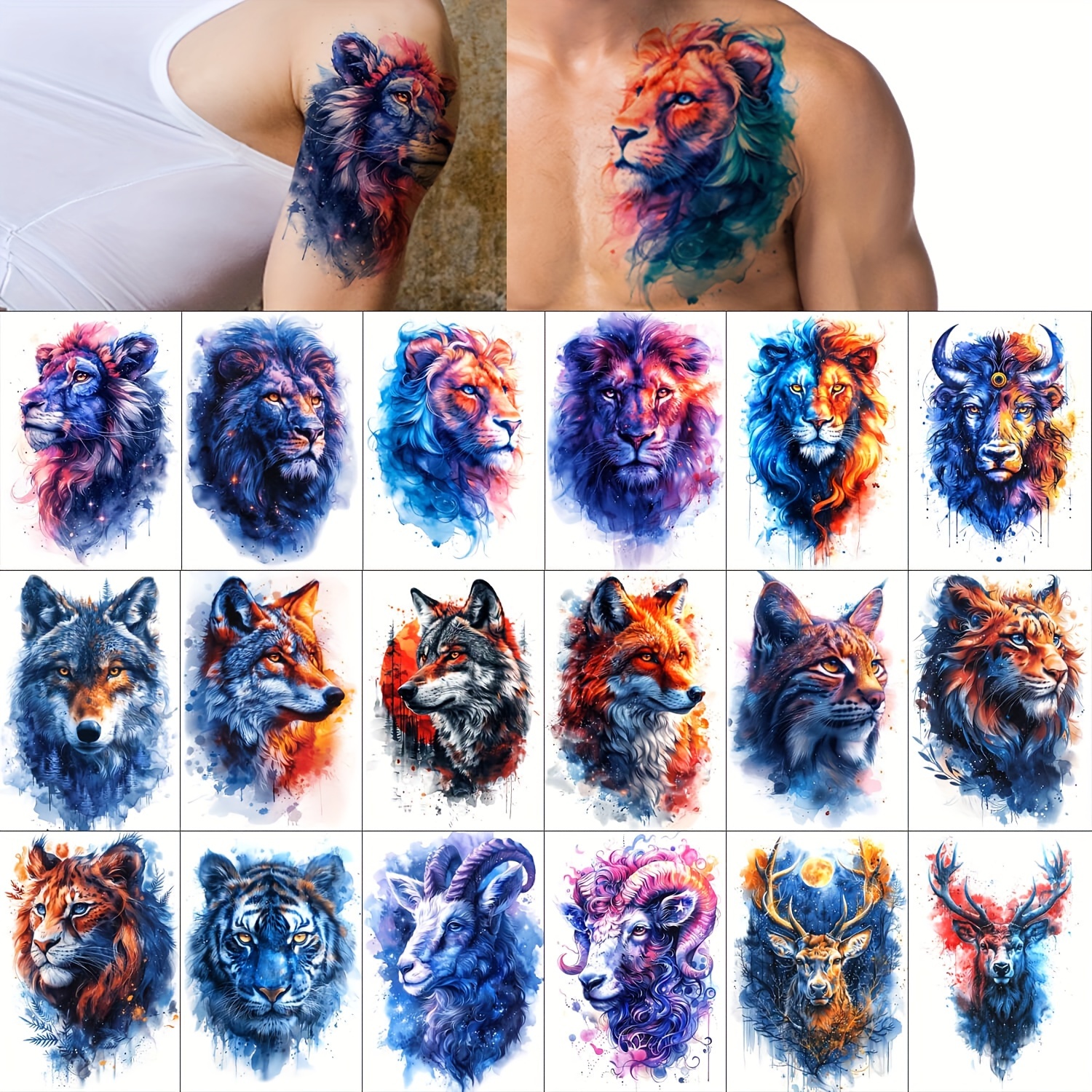 

Aoved 18 Sheets Large Watercolor Temporary Tattoo, Long- Animal Realistic Tattoos, Wolf Fox Fake Tattoo Stickers, For Body Half Arm Tattoos For