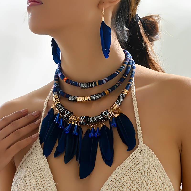 

Handmade Popular Fashion Bohemian Feather Tassel Artificial Crystal Style Exaggerated Necklace Earrings Women's Jewelry Set Rope Pattern Random