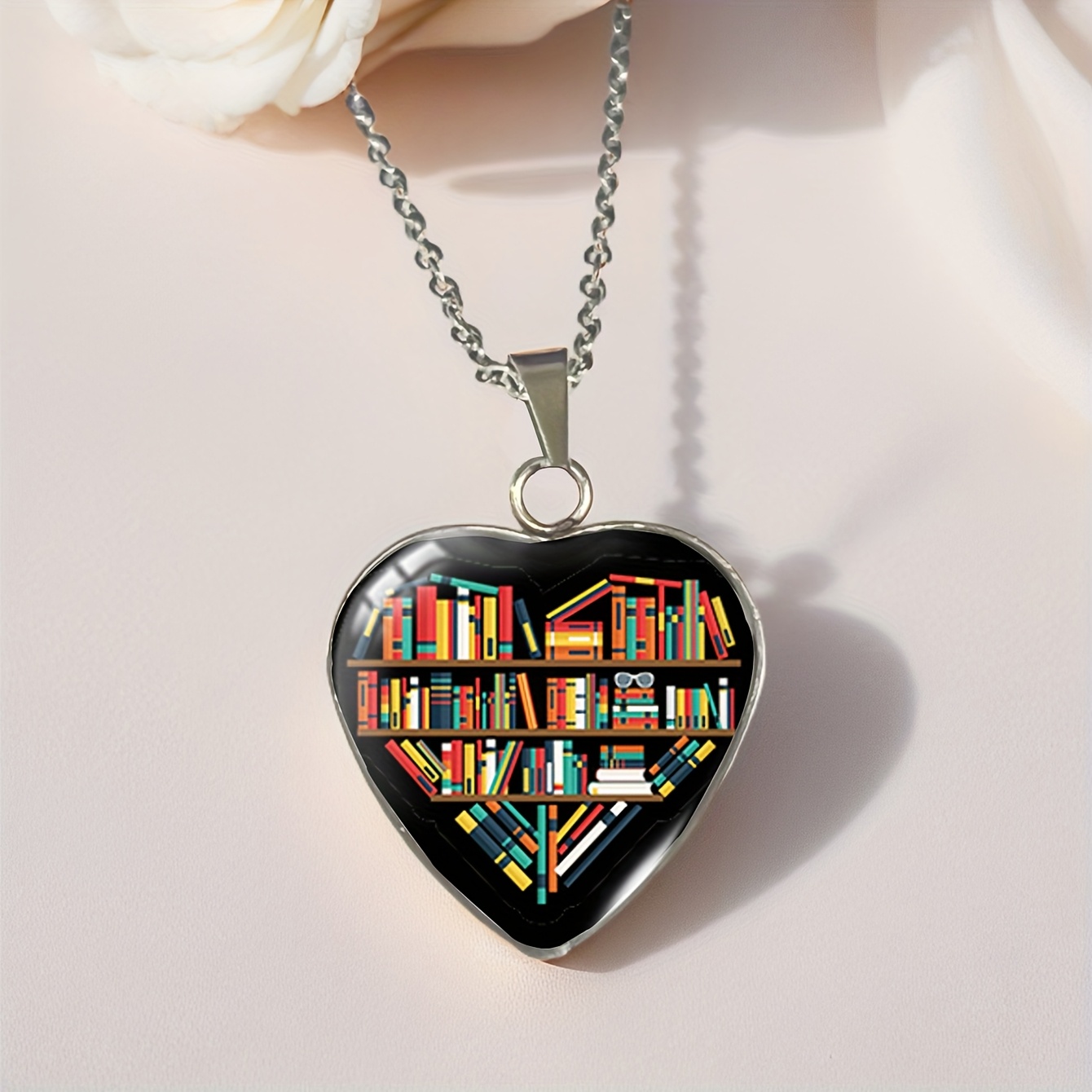 Image of Reading Library Literature Read Books Heart Shape Time Gem Glass Cabochon 304 304 Stainless Steel Pendant Necklace Fashion Jewelry Accessory Birthday Party Gifts