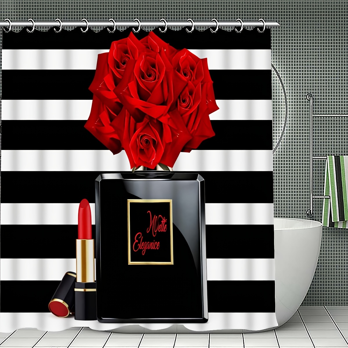 4pcs Classic Red and Black Rose Shower Curtain Set