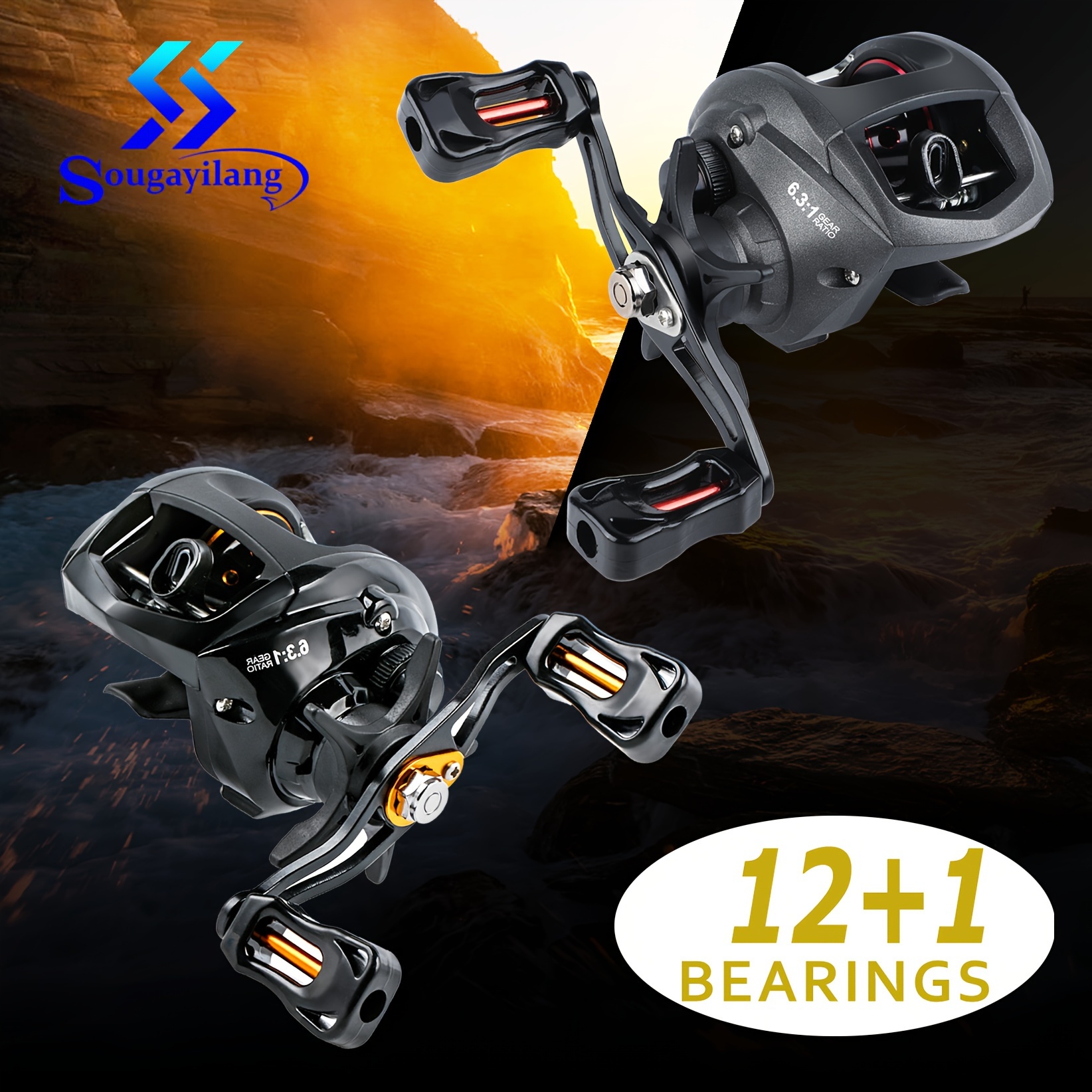 

Sougayilang High-performance Baitcasting Fishing Reel - 6.3:1 Gear , Ball Bearings, Stainless Steel Main Shaft & Metal Handle, Smooth & , Design, Black With Red/orange Accents - Ideal For All