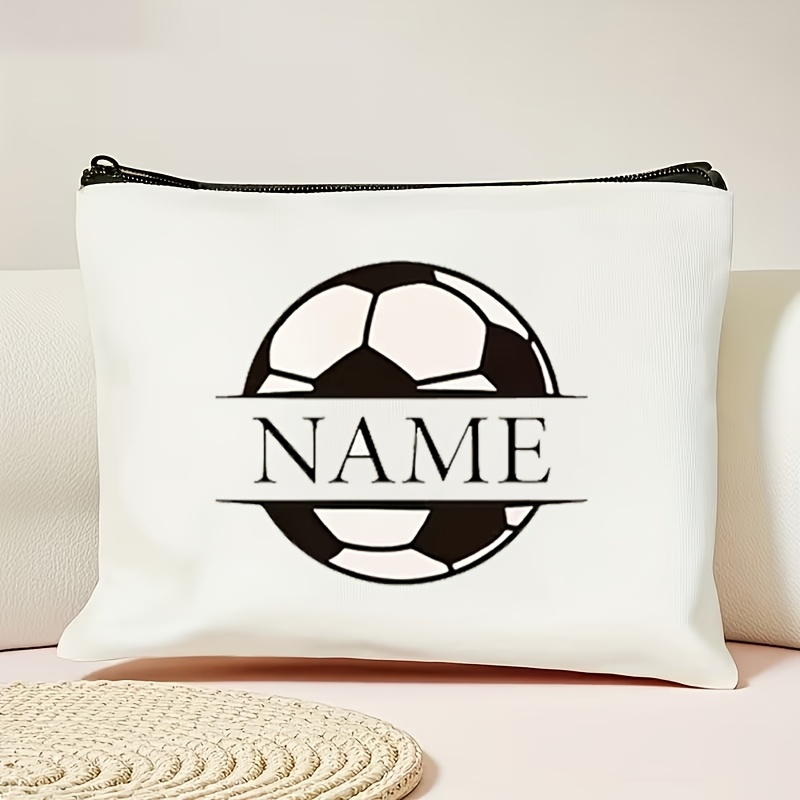 TEMU (custom) 1-3pcs Personalized Soccer Makeup Travel Organizer - Custom Name/text, Beige Zipper Cosmetic Bag With Soccer Pattern - Perfect For
