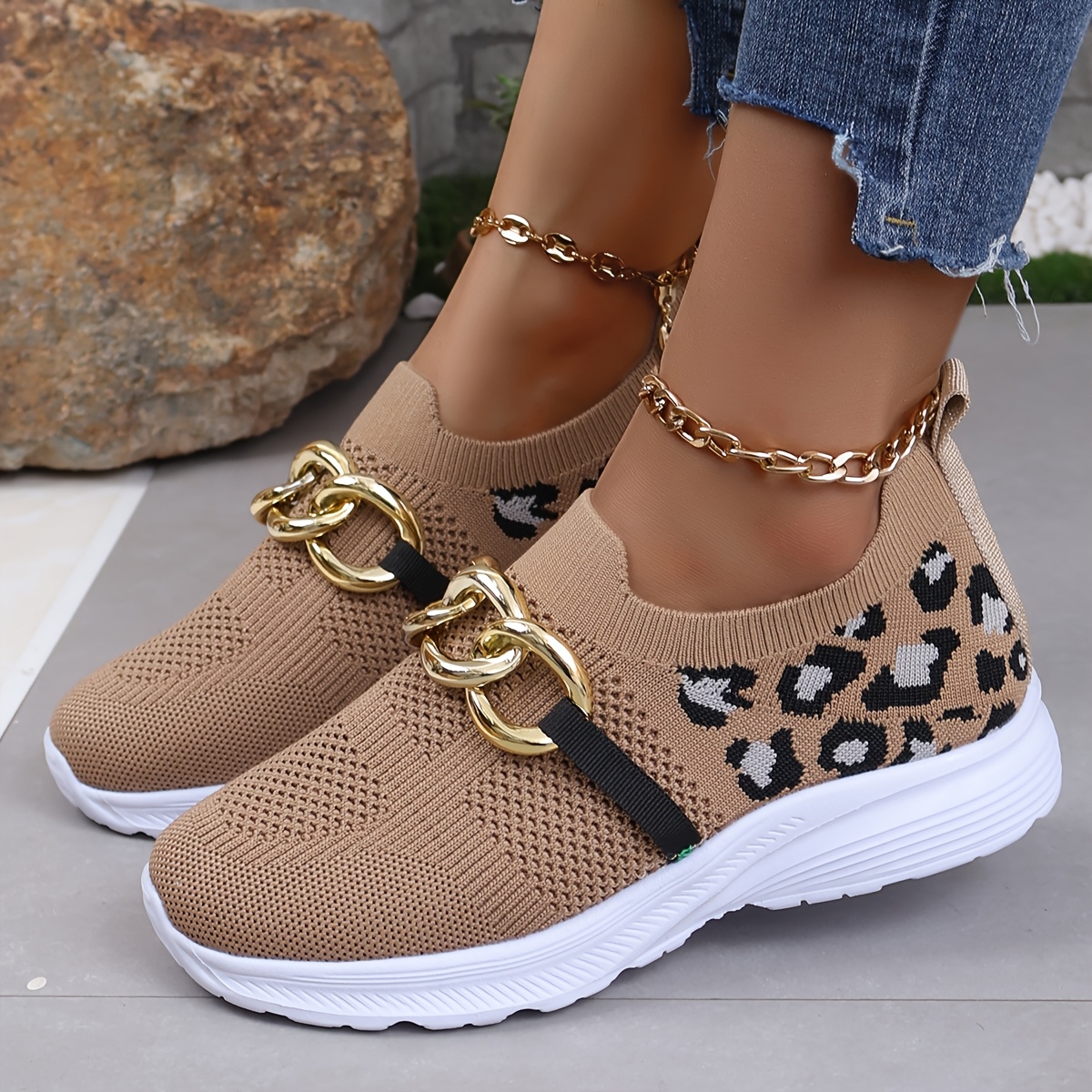 TEMU Metal Chain Decoration Leopard Print Flying Woven Sneakers, Thick Sole Lazy Shoes, Women's Commuter Shoes