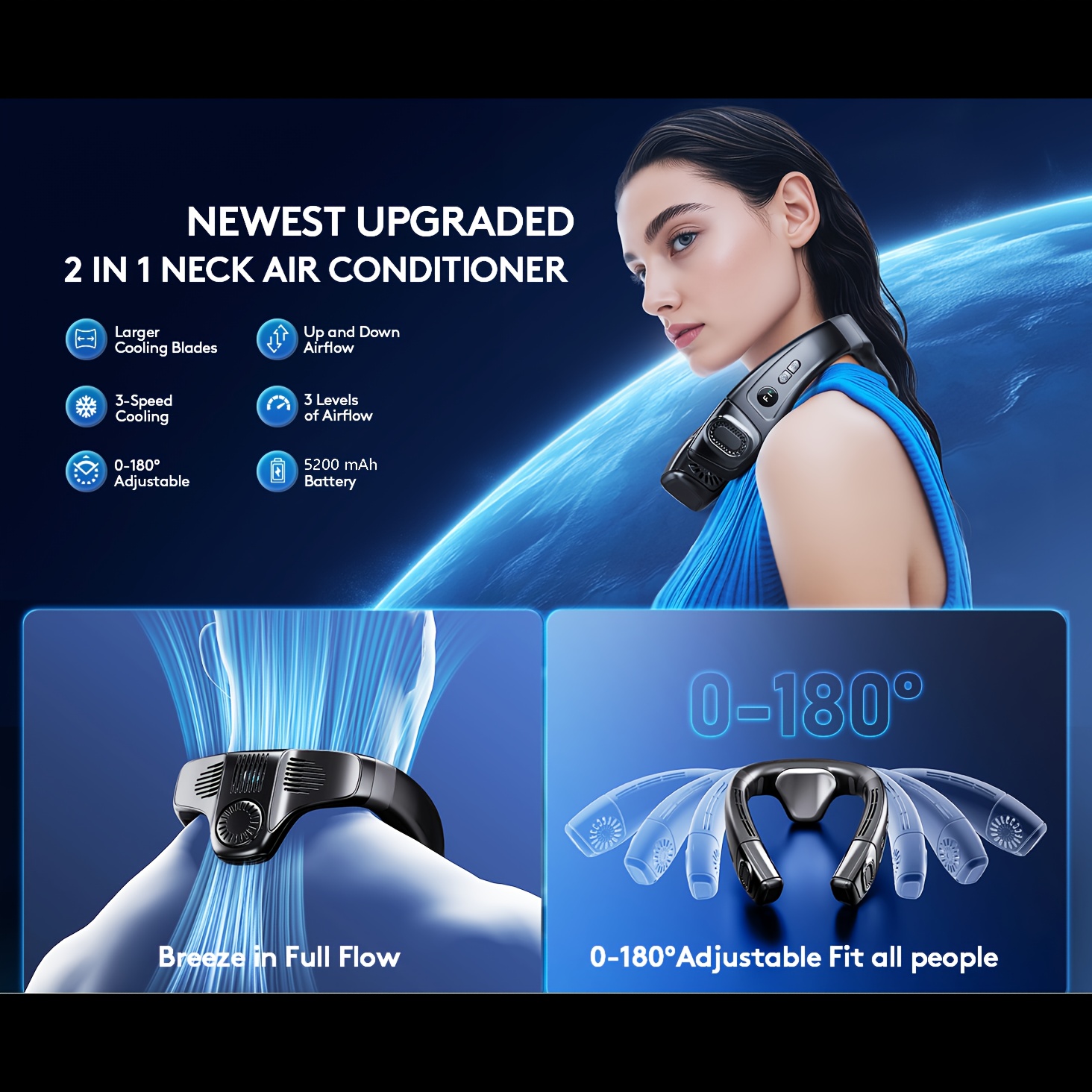 Neck Air Conditioner Portable, Up-down Airflow Portable Neck Fan, 360° Full-body Cooling Neck Fan, 5200mAh Rechargeable Neck Fan Air Conditioner with Large Cooling Plate, Neck Cooler, Cooling Plate, Neck Fan, Portable Fan, Large Airflow, Unisex Gift.