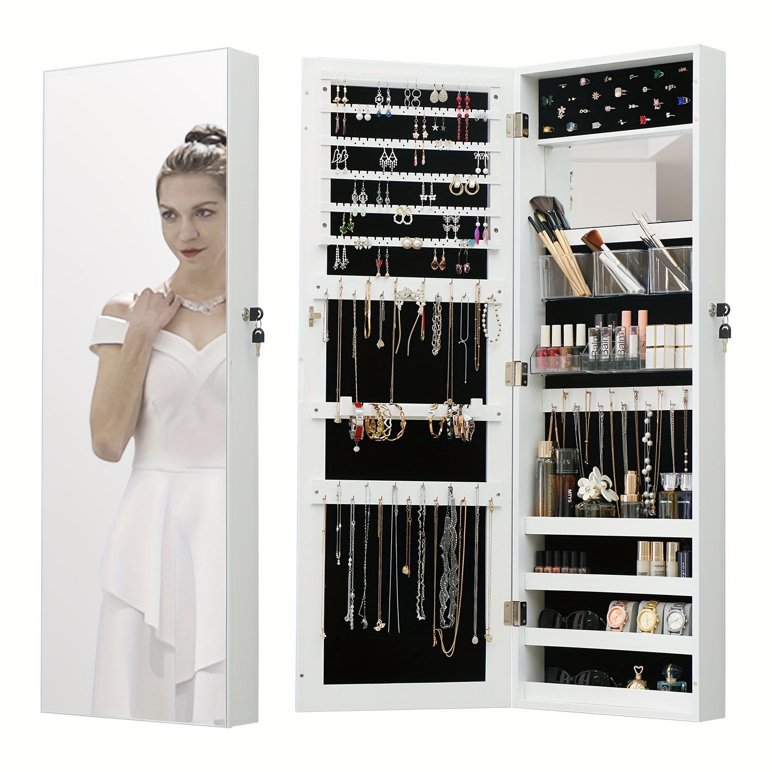 

Length Jewelry Organizer For Makeup And Jewelry, Lockable Over The /-mounted Jewelry Shelves And Behind The Storage Baskets, &