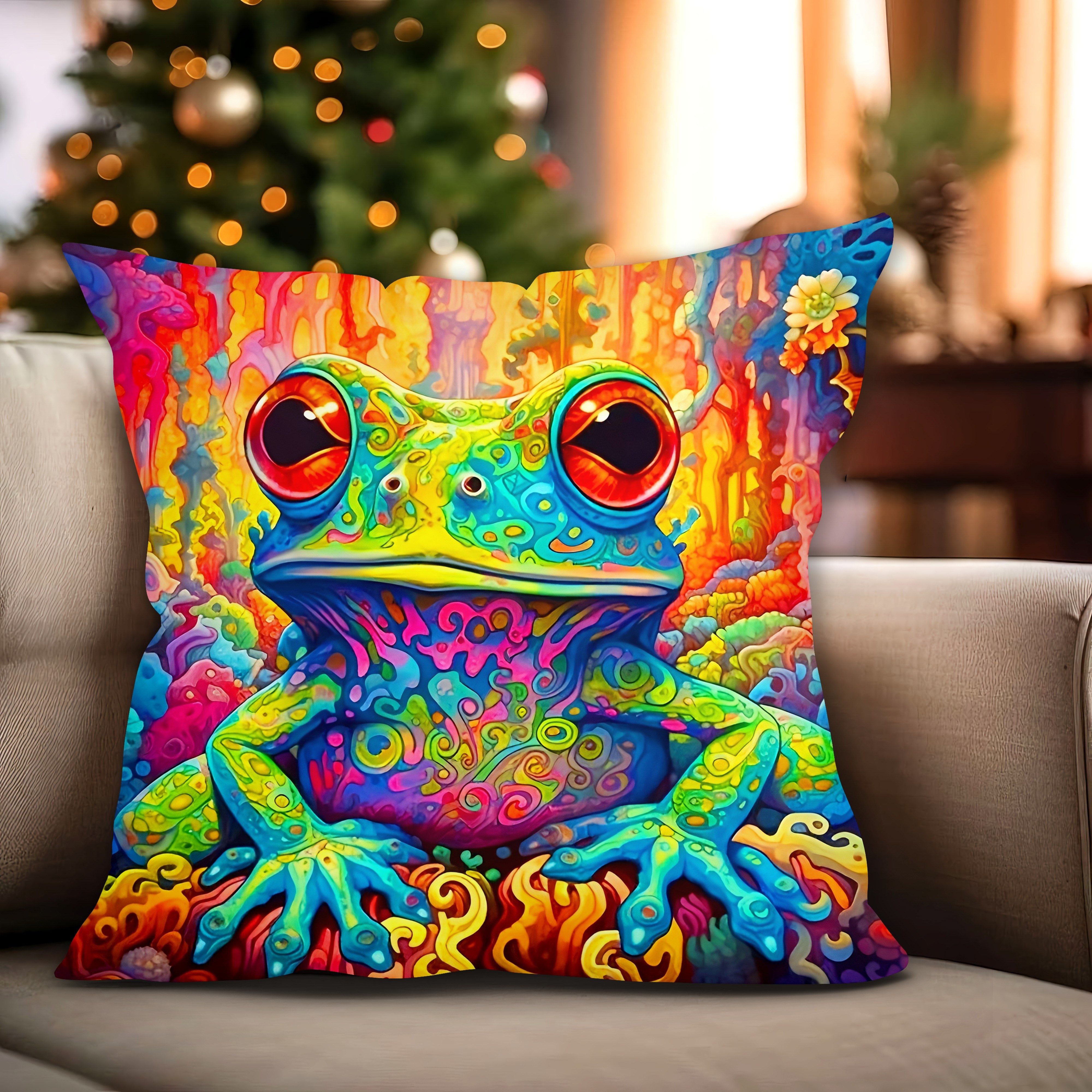 

1pc, Short Plush Pillow Case Colorful Frog Pattern Feels Very Soft And Beautiful 17.7*17.7 Inch Single Sided Print Without Pillow Core Room Decoration Office Decoration Home Decoration Car Decoration