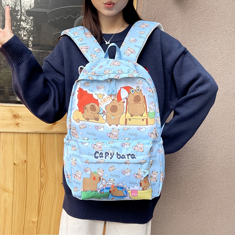 

Shilan Cute Capybara Pattern Backpack - Large Capacity, Nylon School Bag With Adjustable Straps, Foldable, Zip Closure, And Polyester - Ideal For Daily , Travel Backpack