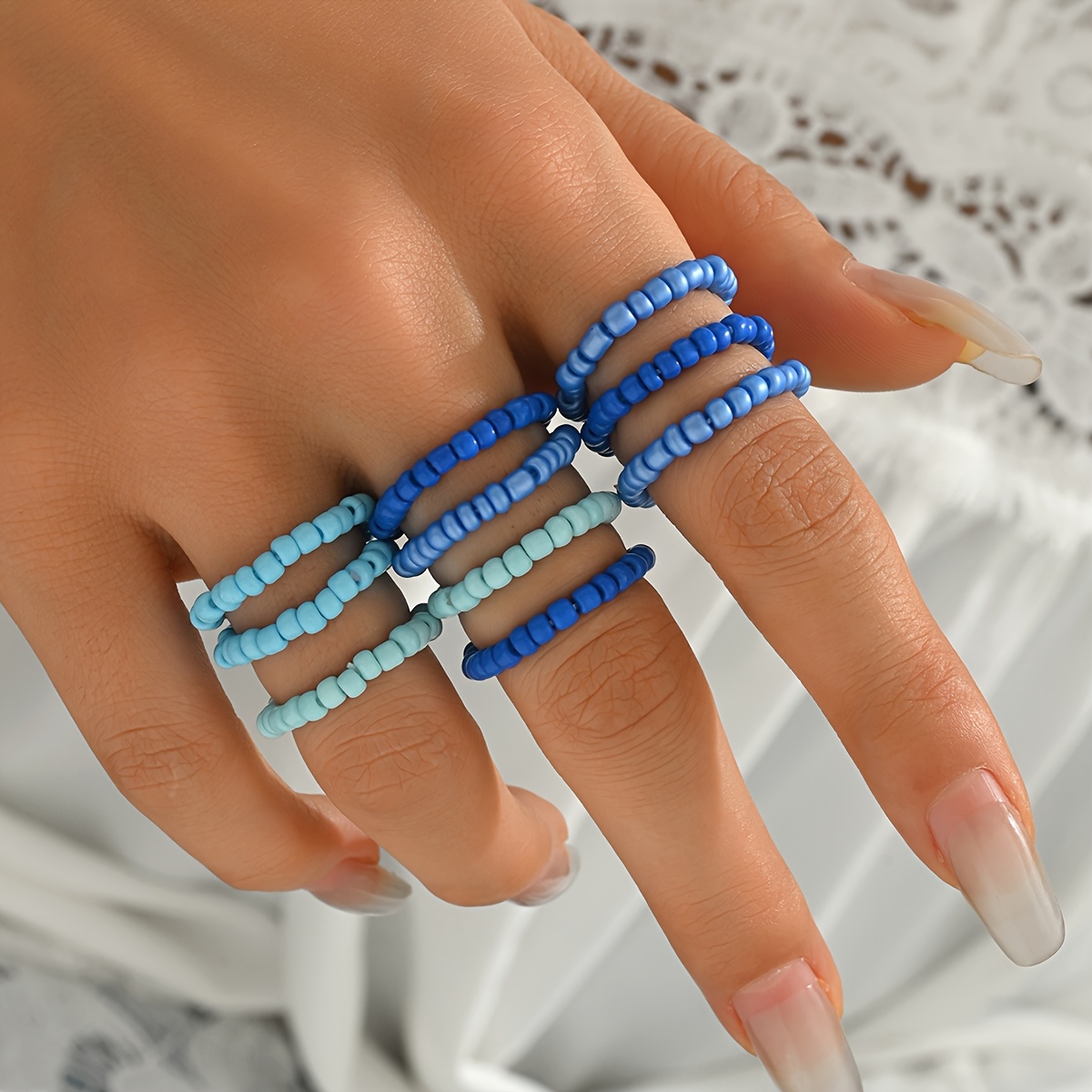 E-shop 10er-Set Damenmode Stapelbare Ringe, Baota Fashion Farbverlauf Blaue Perlenringe Böhmischer Stil Kreativ Mehrschichtiger Trage-Elastikseil