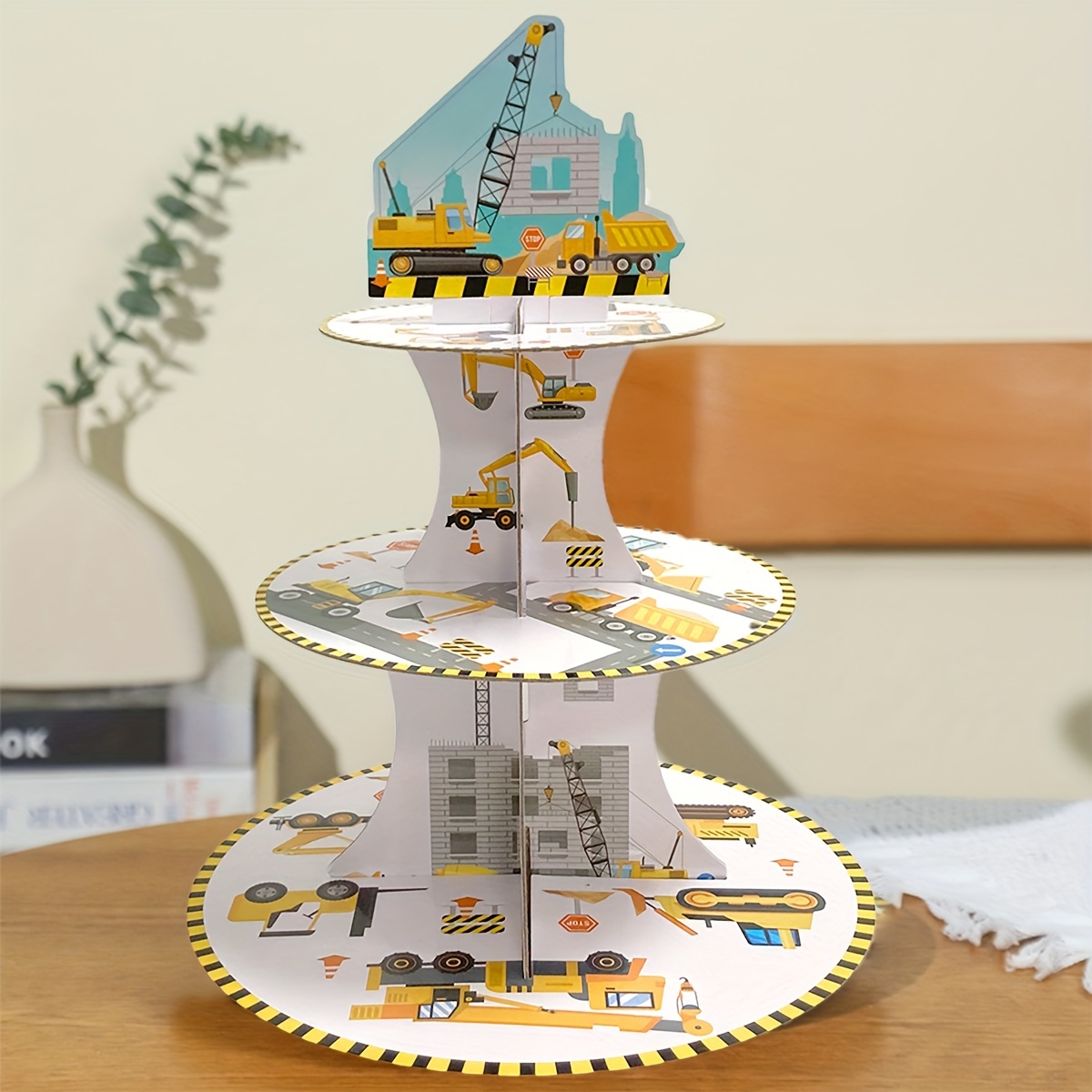 

Yellow Excavator 3-tier Cake Stand - Disposable Paper Cupcake Holder For Birthday Parties, Halloween, Christmas & More - Novelty Kitchen Decor Cake Decoration Accessories Cupcake Decorating Supplies