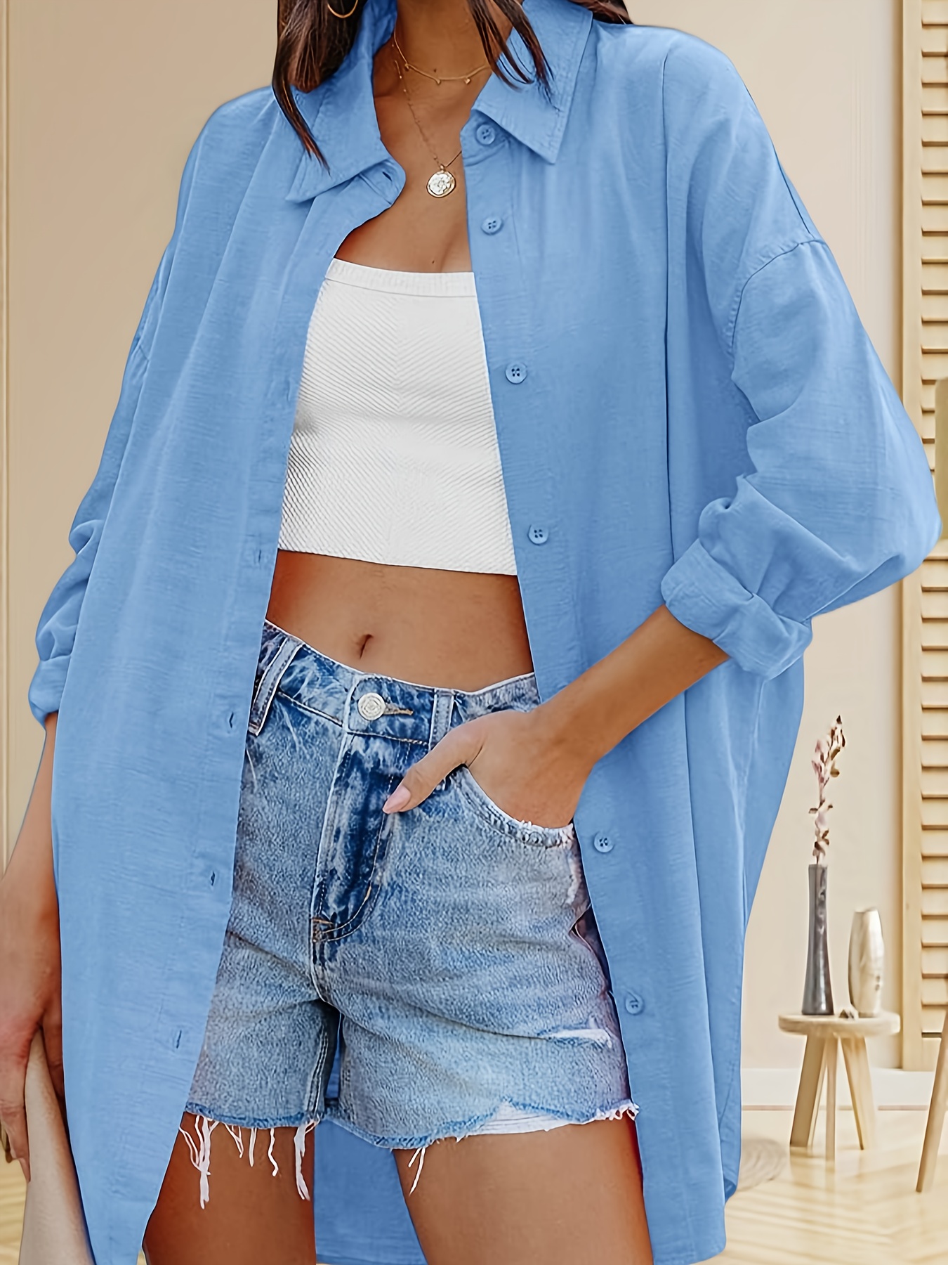 Stamain Dames blouses en shirts katoen oversized shirts voor vrouwen lange mouwen oprolbaar losvallend casual shirt met zak knopen voor strandfeest S-2XL, Turkoois, S