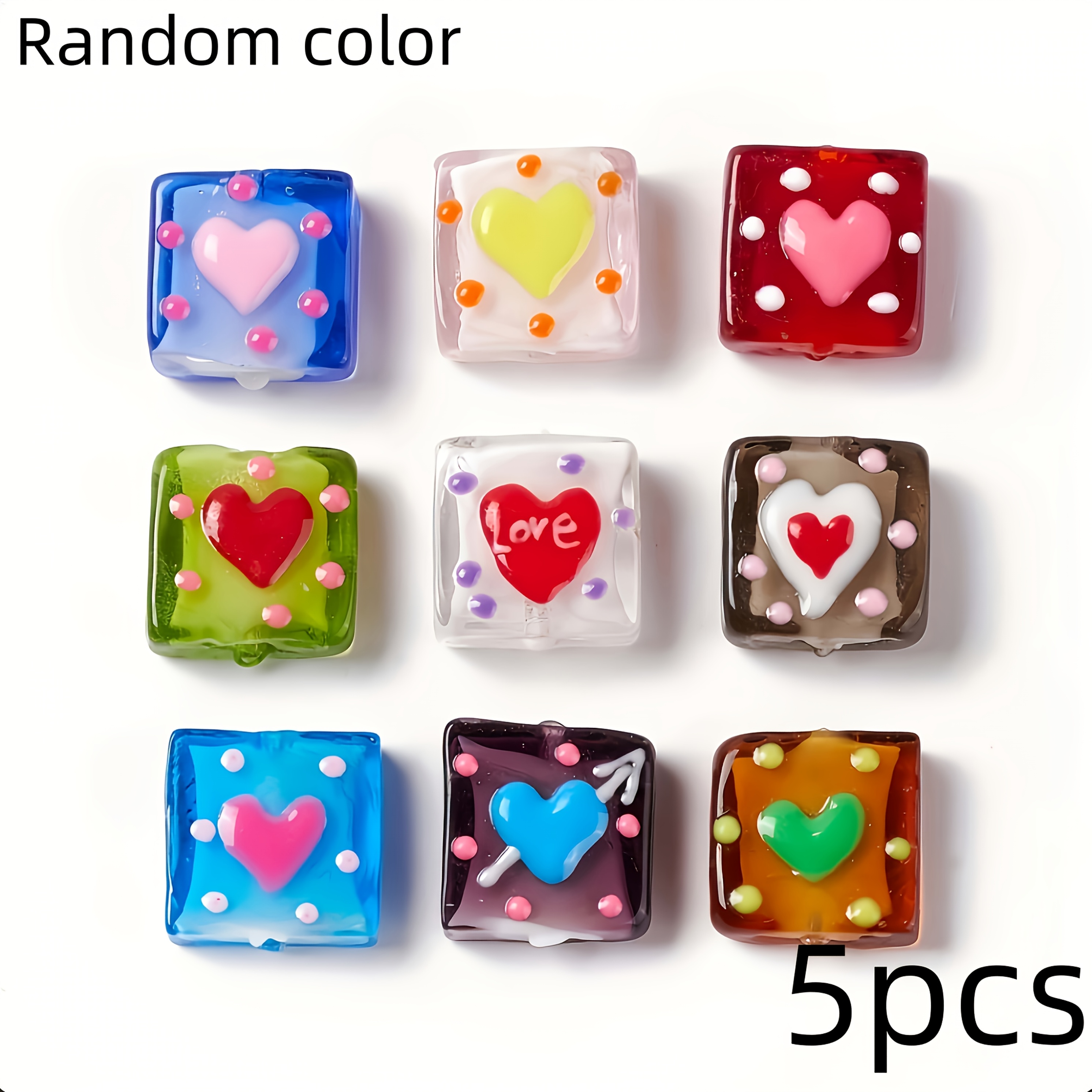 TEMU 5 Hand-painted Polka-dot Heart-shaped Lampwork Glass Beads, Mixed- Decorative Beads, Suitable For Diy Bracelets, Necklaces, And Jewelry Making