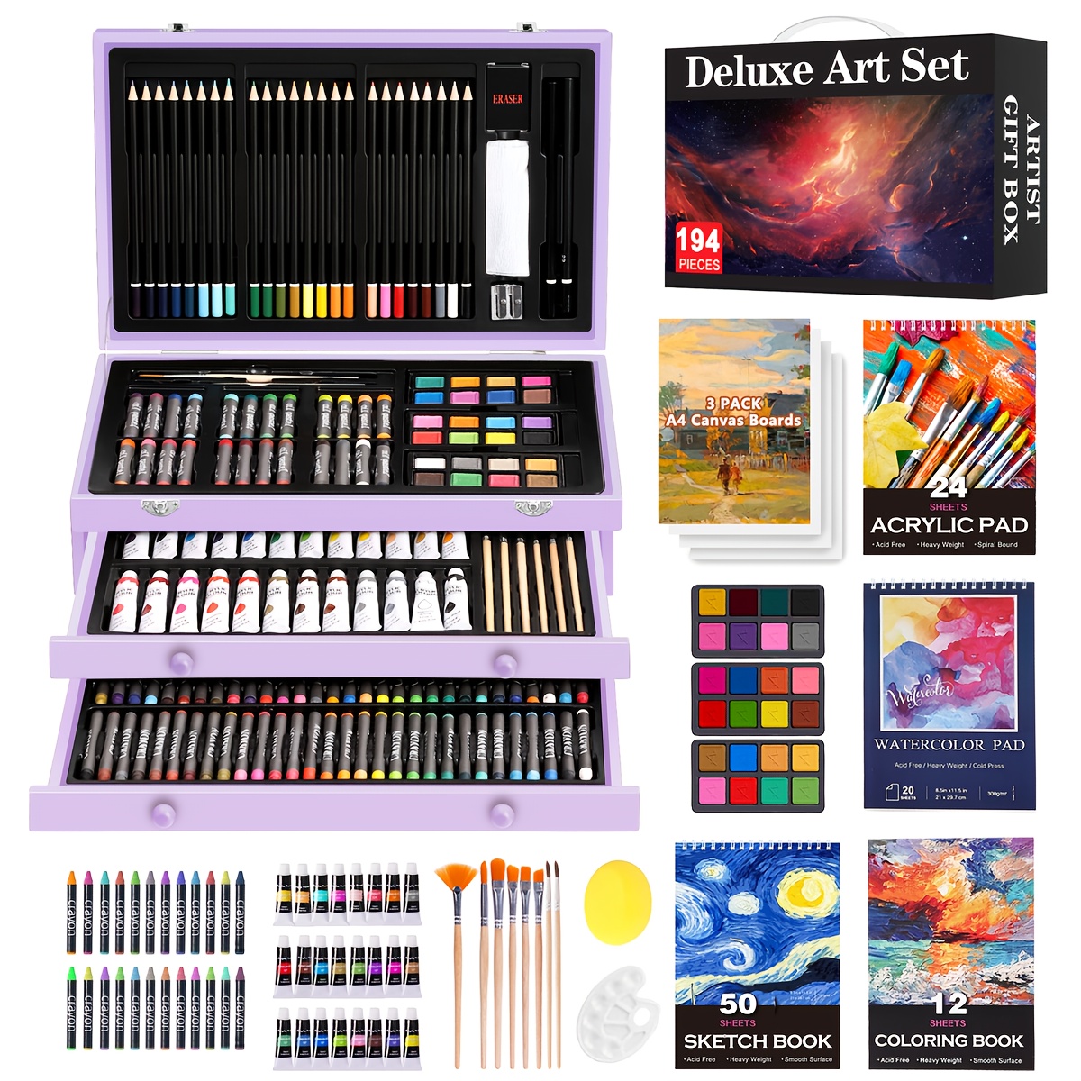 TEMU Art Supplies, 194 Set Drawing Kit, Including Colored Pencils, Crayons, Oil Pastels And Paints, Arts And Crafts Painting Kit, Art Kits Paint Set