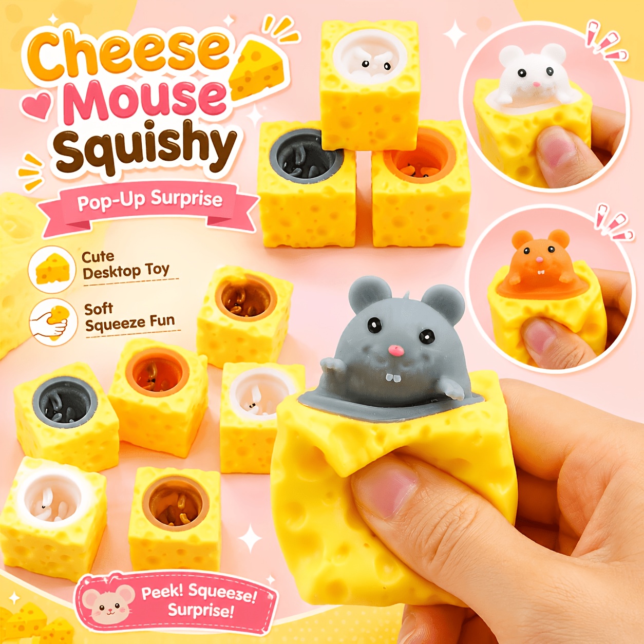 Adorable Mouse Cheese Block Squeezable Toy, 2pcs
