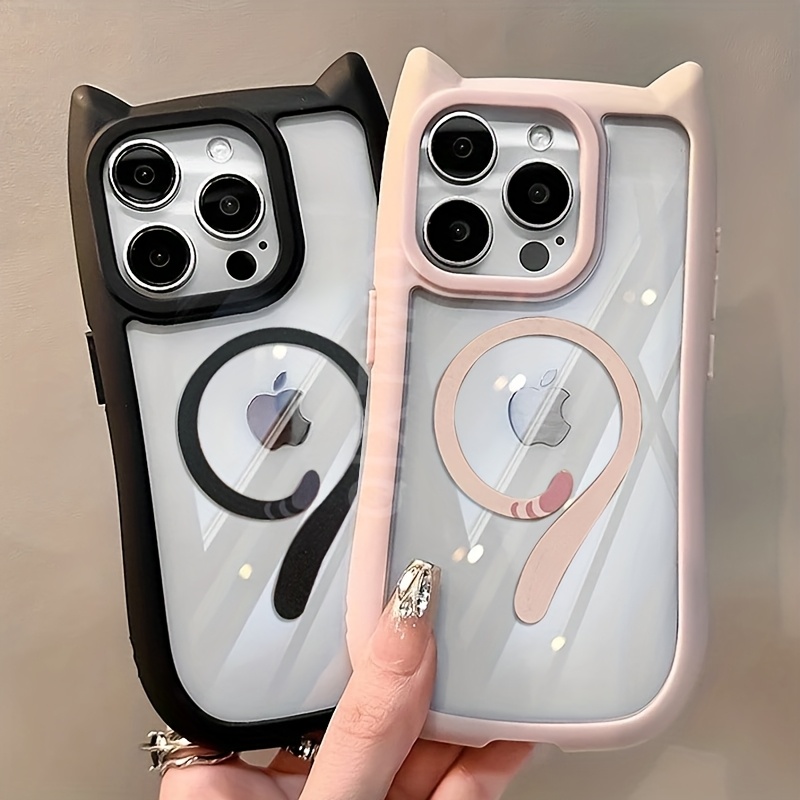 Cute Cat Tail Magnetic Wireless Charging Transparent Phone Case Suitable for Iphone 11/12/13/14/15/16 Pro Max Plus, Shockproof Clear Cat Ears Couple Phone
