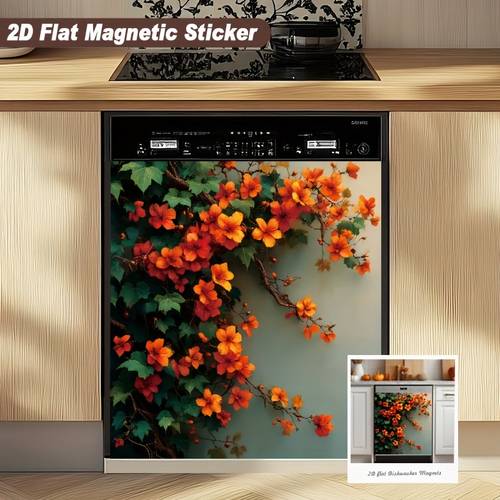 1pc extra large magnetic contact paper orange flowers on green autumn floral magnetic appliance cover for dishwasher refrigerator stove stick kitchen decor no needed fits modern kitchens fall home decoration in warm orange 2d flat magnetic sticker for indoor kitchen thanksgiving holiday decoration 58 5x25 6 inches 2d flat