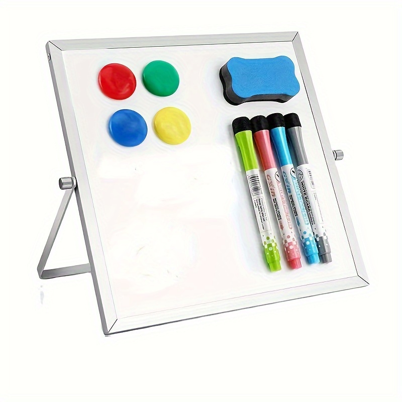 

1pc Magnetic Desktop Whiteboard, Dual-sided Metal Frame With Adjustable Stand, Reversible Portable Writing Board For Office, Home, And Educational Use - With Markers And Magnets