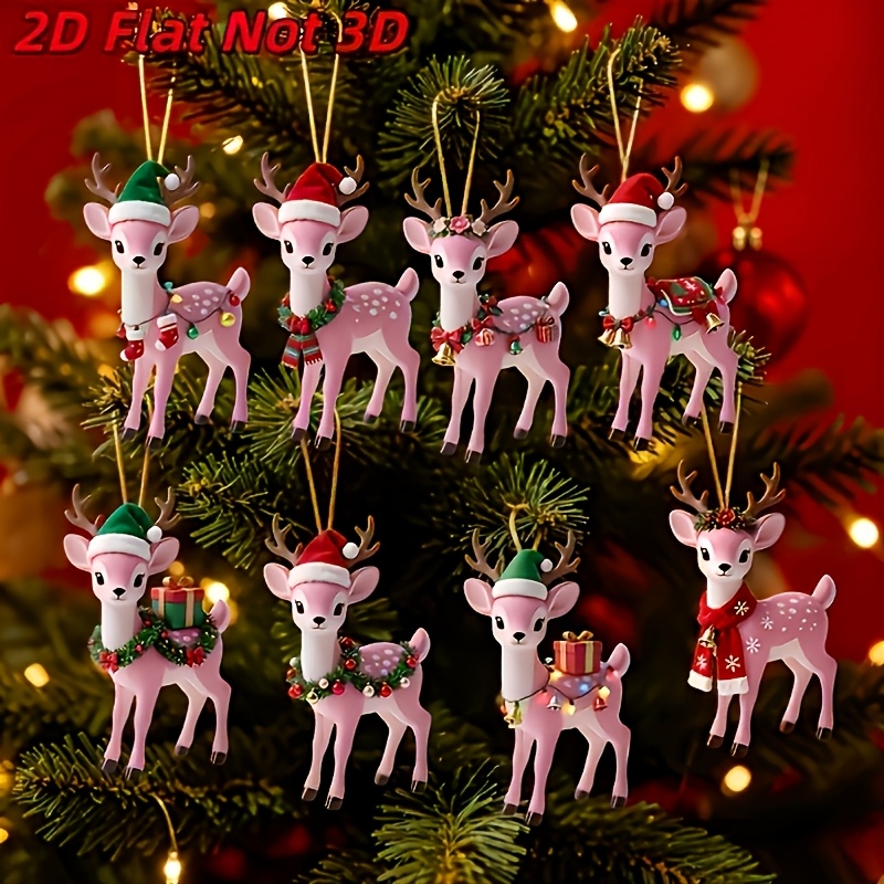 TEMU 2d Flat, 8pcs Set Of Reindeer Christmas Ornaments. The Reindeer Are Designed In Various Christmas Outfits. Are Christmas Tree Ornaments,