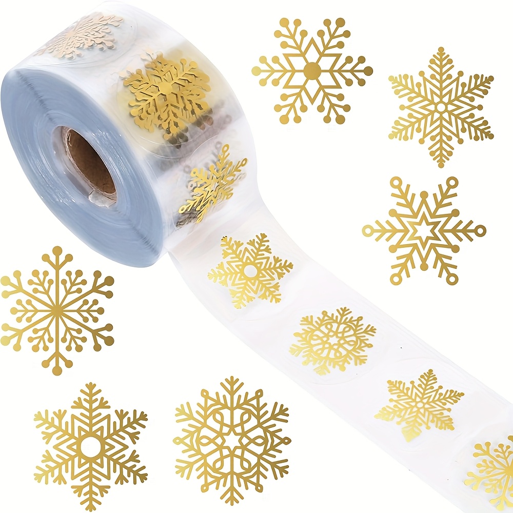 500 Sheets/roll Golden Glitter Transparent Christmas Snowflake Sealing Stickers, Gift Wrapping Sealing Stickers, Round Adhesive Decorative Stickers