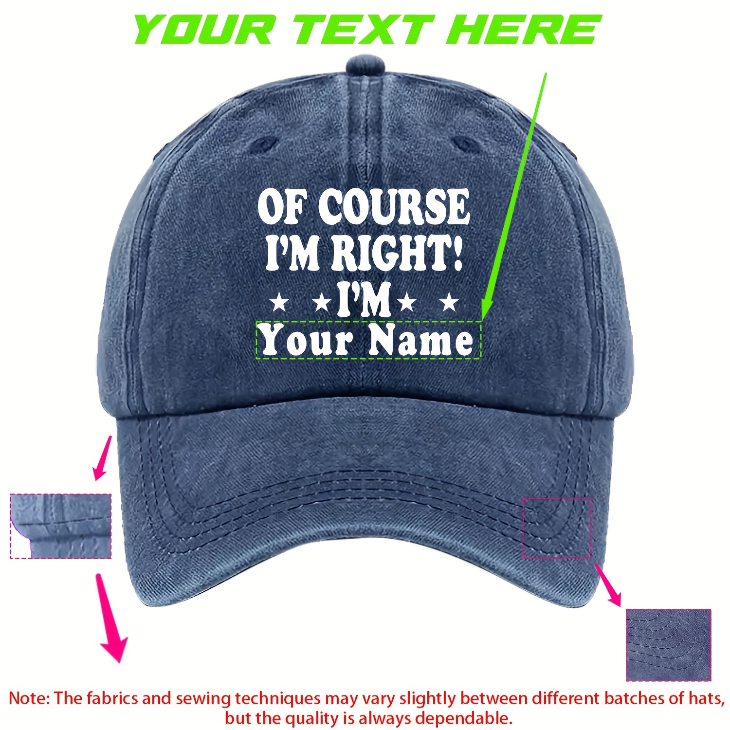 

I'm Right Slogan Custom Hat Customizable Text Dad Hats Solid Color Washed Distressed Baseball Cap Adjustable Sports Hat For Men & Women